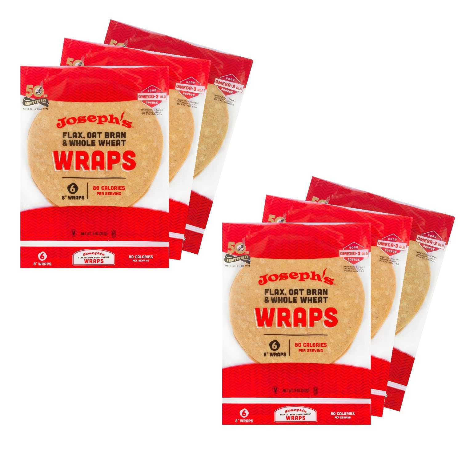 Joseph'S Low Carb Wrap Value 6-Pack, Flax, Oat Bran And Whole Wheat, 8G Carbs Per Serving, Fresh Baked (6 Per Pack, 36 Wraps Tot