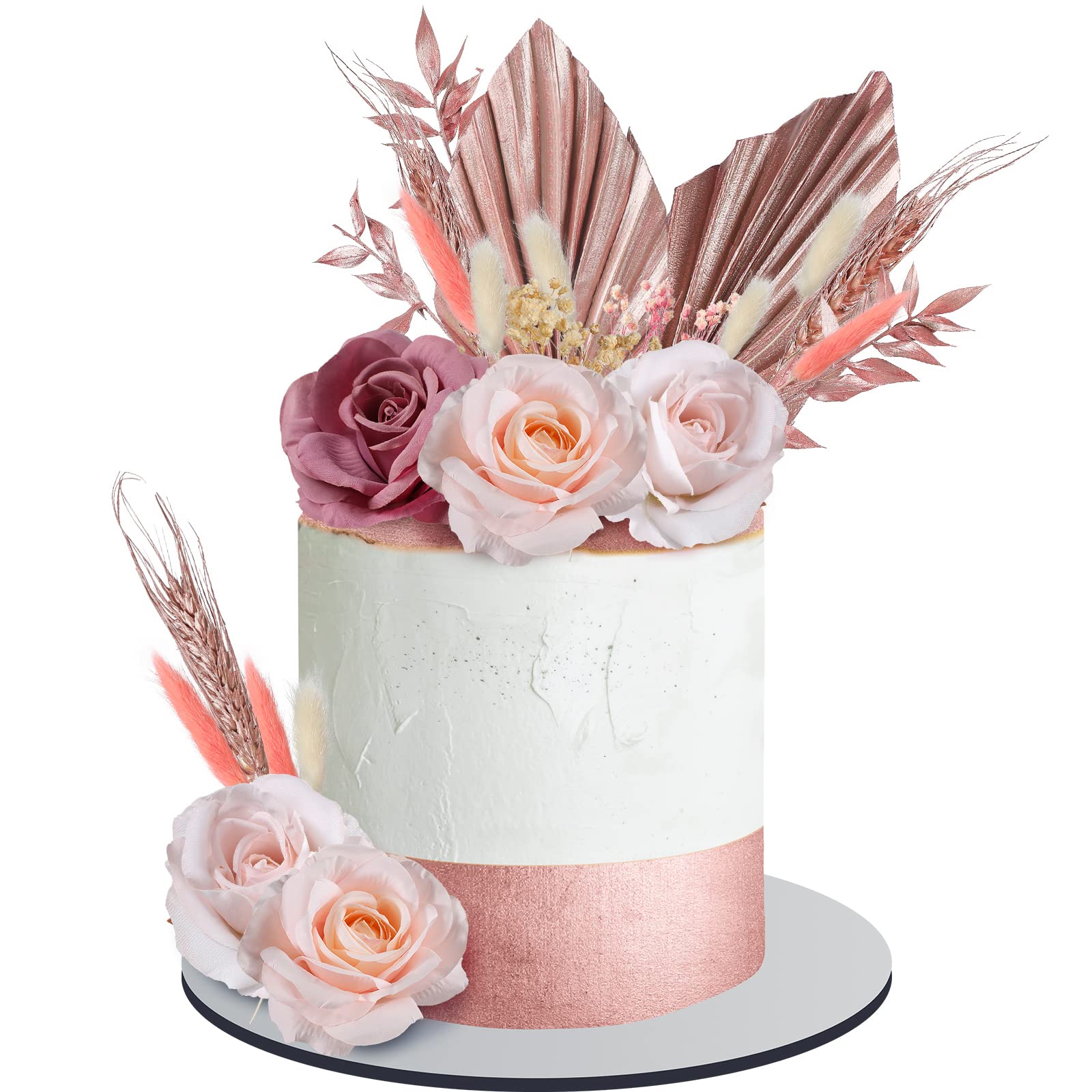 Tallew 28 Pcs Boho Cake Topper Decorations Faux Rose Flowers Leaves for Wedding Baby Shower Birthday Party, Rose Gold