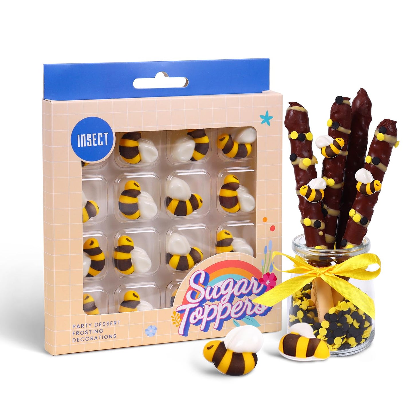 Edible Bee for Cake Decorating, 16pcs Bee Sprinkles, Royal Icing Bee for Cake, Cupcake, Macaron, and Waffles, Perfect for Bee Th