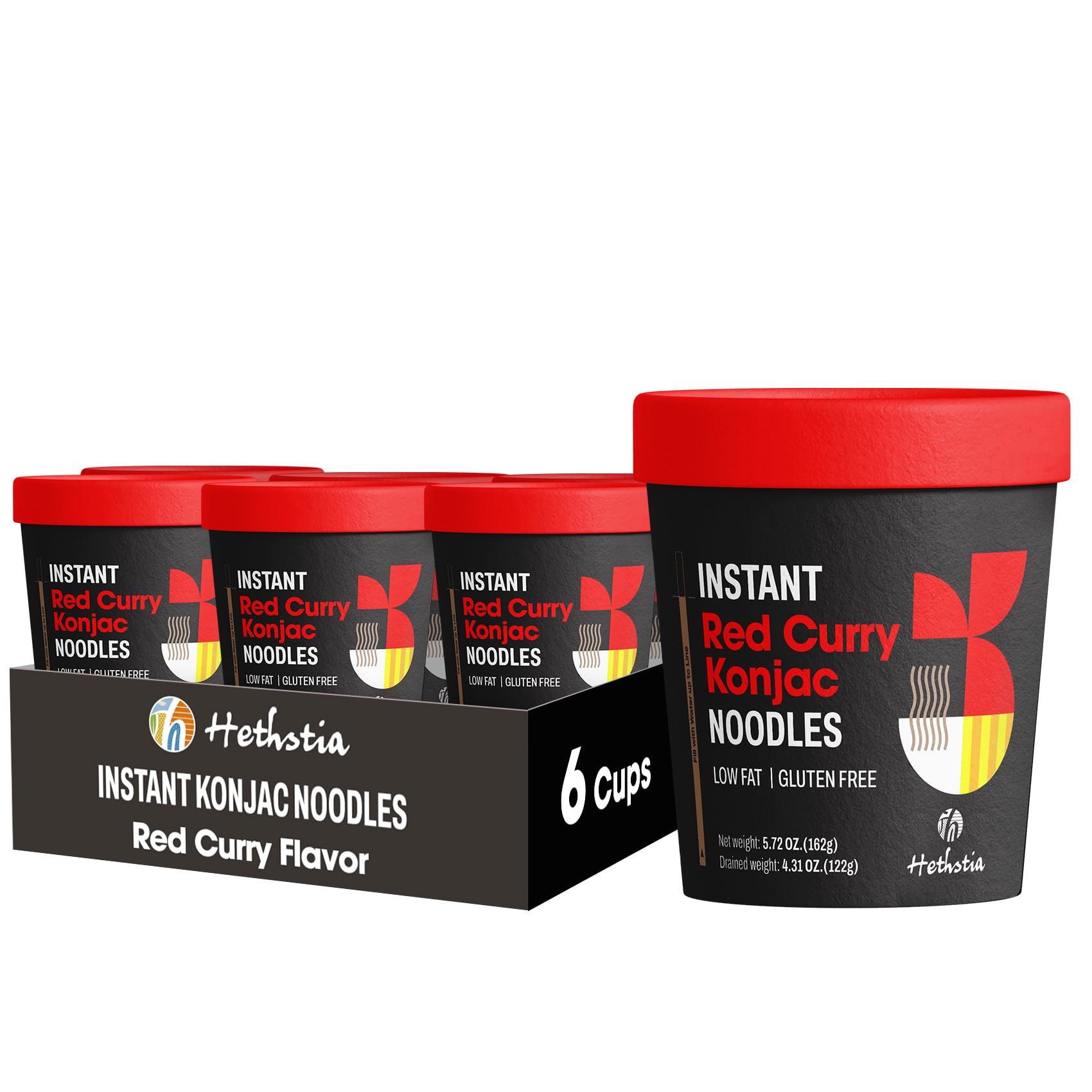 Hethstia Konjac Noodles Red Curry Cup - 6 Pack Low Carb Shirataki Angel Hair Pasta, Instant Shirataki Noodle Spicy Red Curry Bro