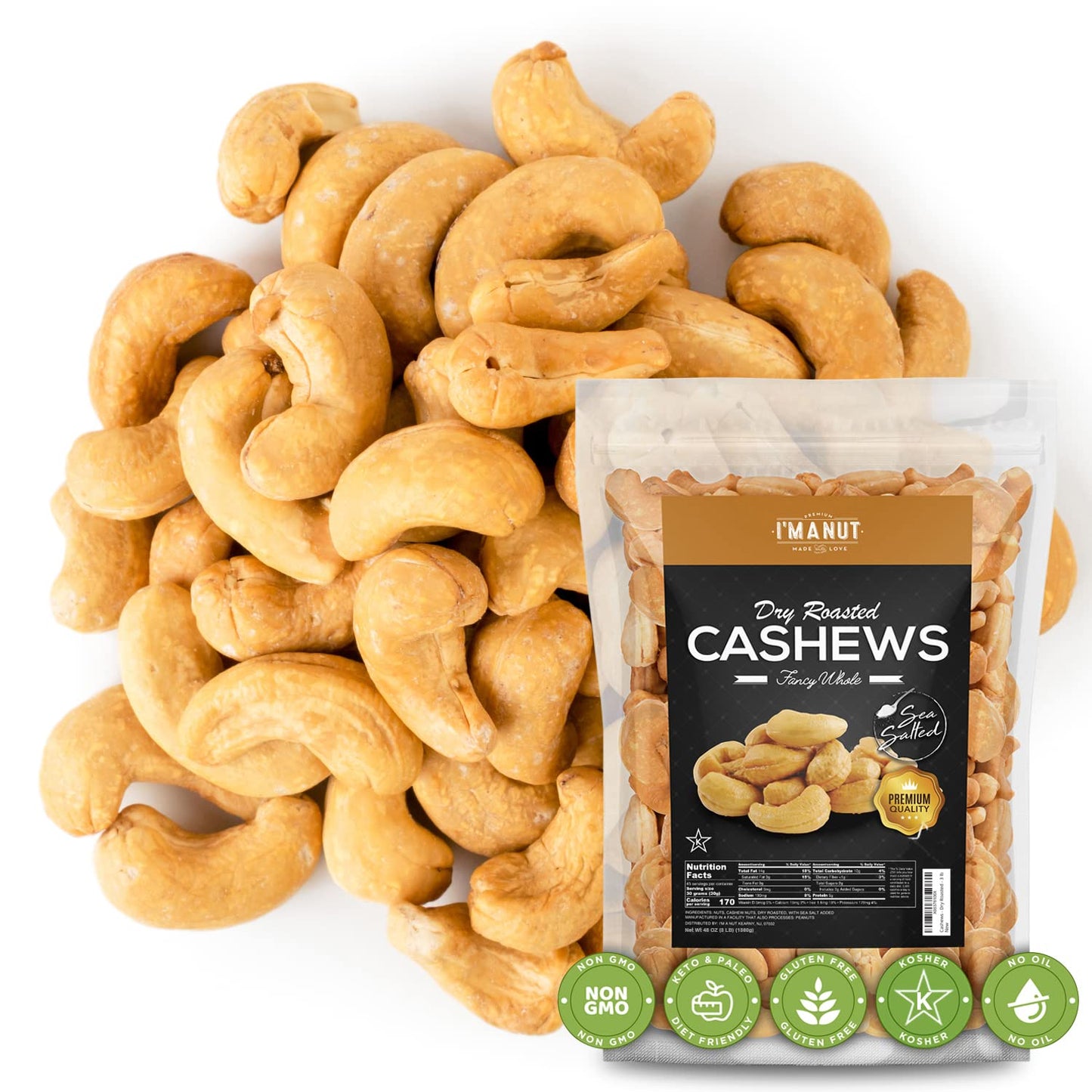 Oven Dry Roasted Fancy Cashews With Sea Salt-48 Oz (3 Lb) | Whole Cashews | No Oil | No Ppo | Vegan And Keto Friendly | Made Fro