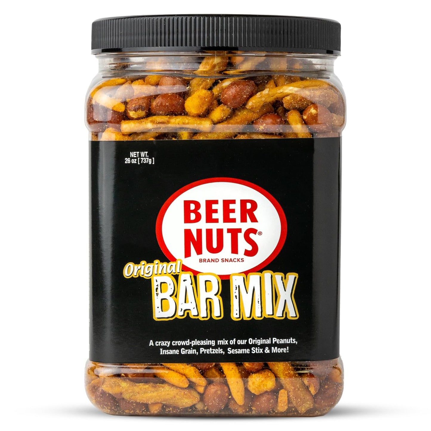 BEER NUTS Original Bar Mix - Crunchy Pretzels, Cheese & Sesame Sticks, Roasted Corn Nuts, Peanuts - 26oz Resealable Jar