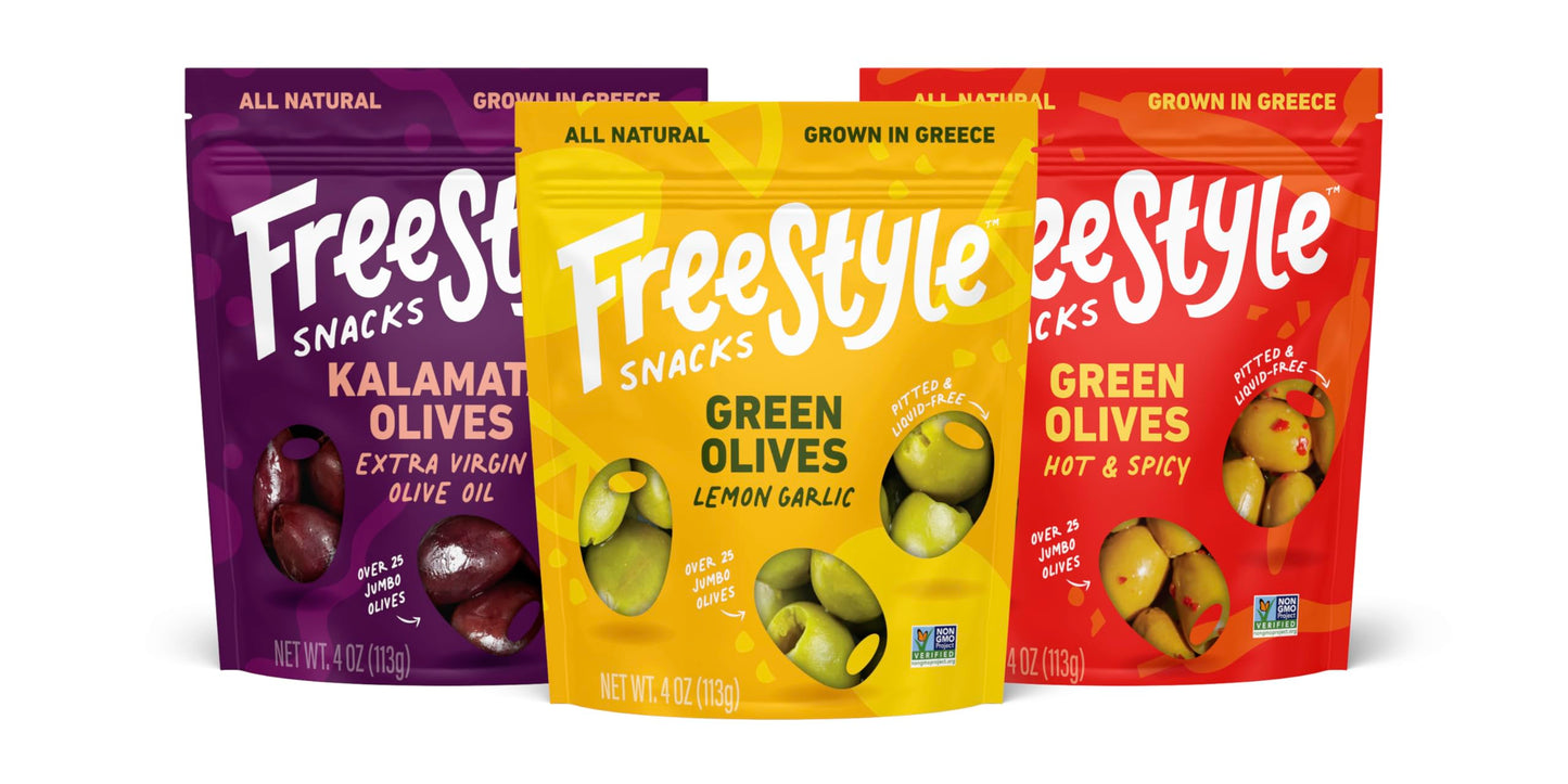 Freestyle Snacks Olive Snack Packs - Fresh Pitted Kalamata & Green Olives  Jumbo-Sized  Grown In Greece  Salty Snack  All Natural  Non-Gmo  Paleo  Sugar-Free  Keto Snacks - Variety Pack  4Oz (3 Pack)