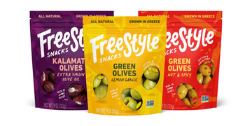 Freestyle Snacks Olive Snack Packs - Fresh Pitted Kalamata & Green Olives  Jumbo-Sized  Grown In Greece  Salty Snack  All Natural  Non-Gmo  Paleo  Sugar-Free  Keto Snacks - Variety Pack  4Oz (3 Pack)