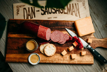 DAN THE SAUSAGEMAN Gourmet Gift Basket - Smoked Summer Sausage, Salmon, Wisconsin Cheese, Mustard - 8 Piece Set
