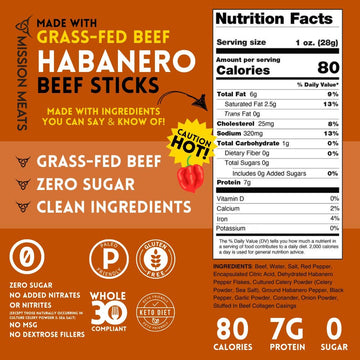 EST. 2015 MISSION MEATS Keto Beef Snack Sticks, Habanero, Grass-Fed, Sugar Free, Gluten Free, 1 Ounce (Pack of 48)