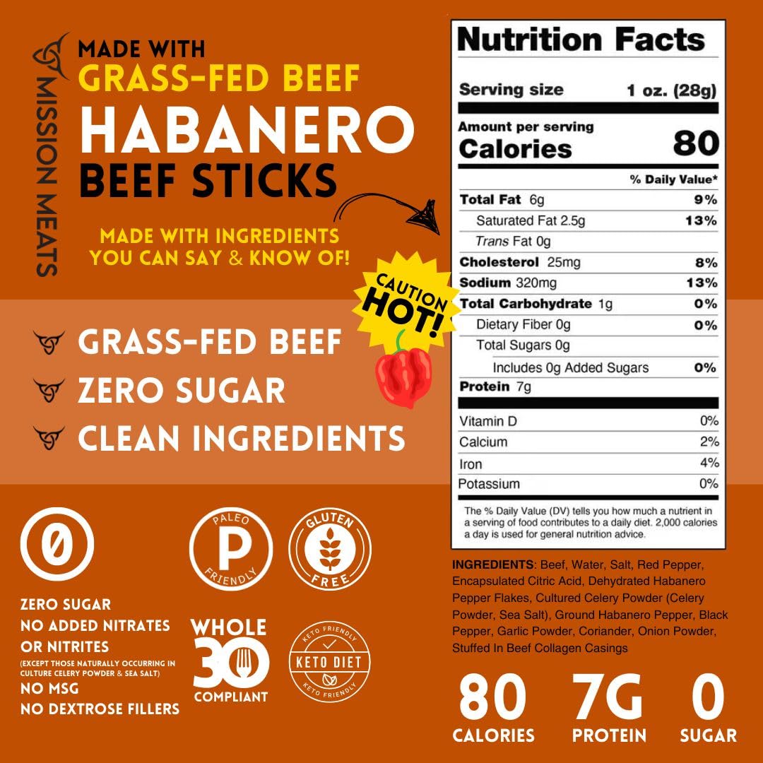 Mission Meats Beef Snack Sticks, Keto, Sugar Free, Grass-Fed, Non-GMO, Gluten Free, Habanero, 1 Ounce (Pack of 24)