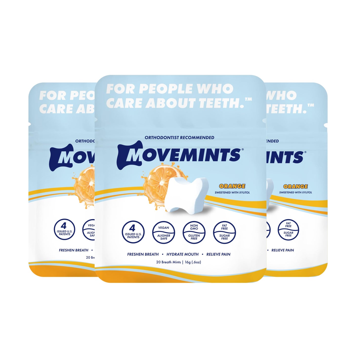 Movemints Clear Aligner Mints - Patented Aligner Seating Mints - Edible Alternative To Aligner Chewies - Xylitol Mints For Dry Mouth - Orange (3 Pack)