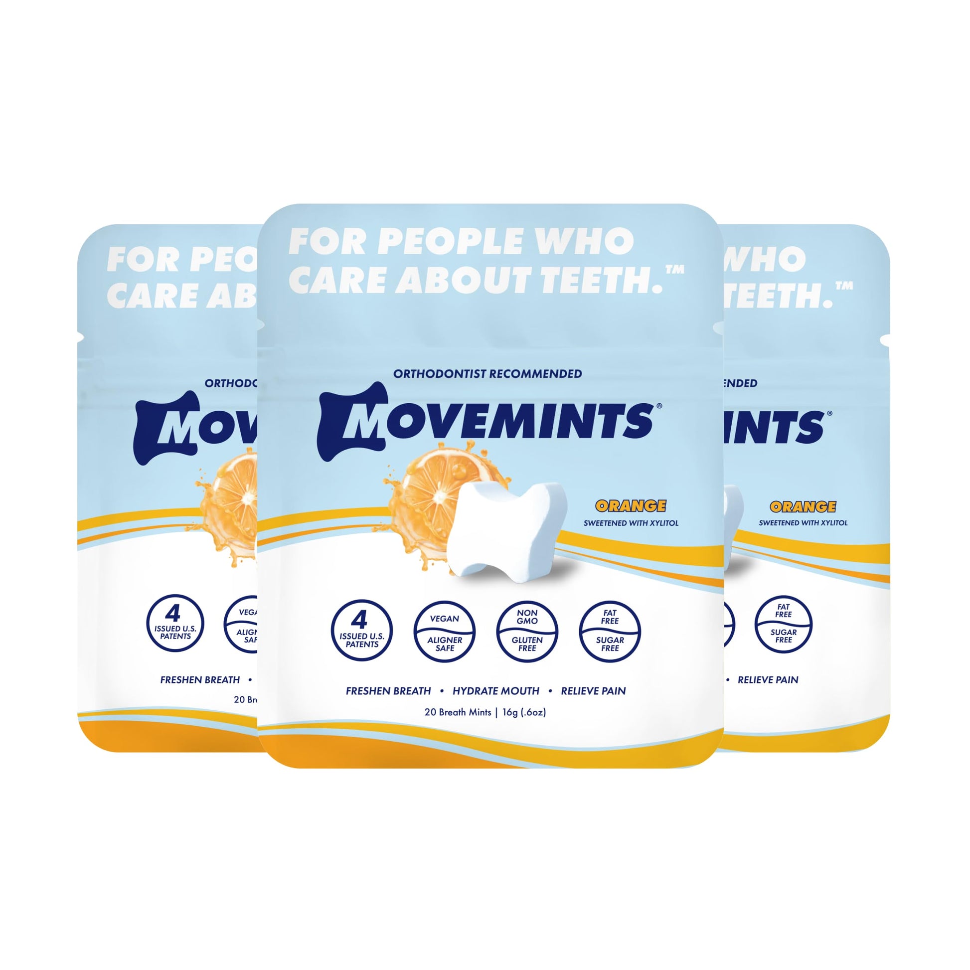 Movemints Clear Aligner Mints - Patented Aligner Seating Mints - Edible Alternative To Aligner Chewies - Xylitol Mints For Dry Mouth - Orange (3 Pack)