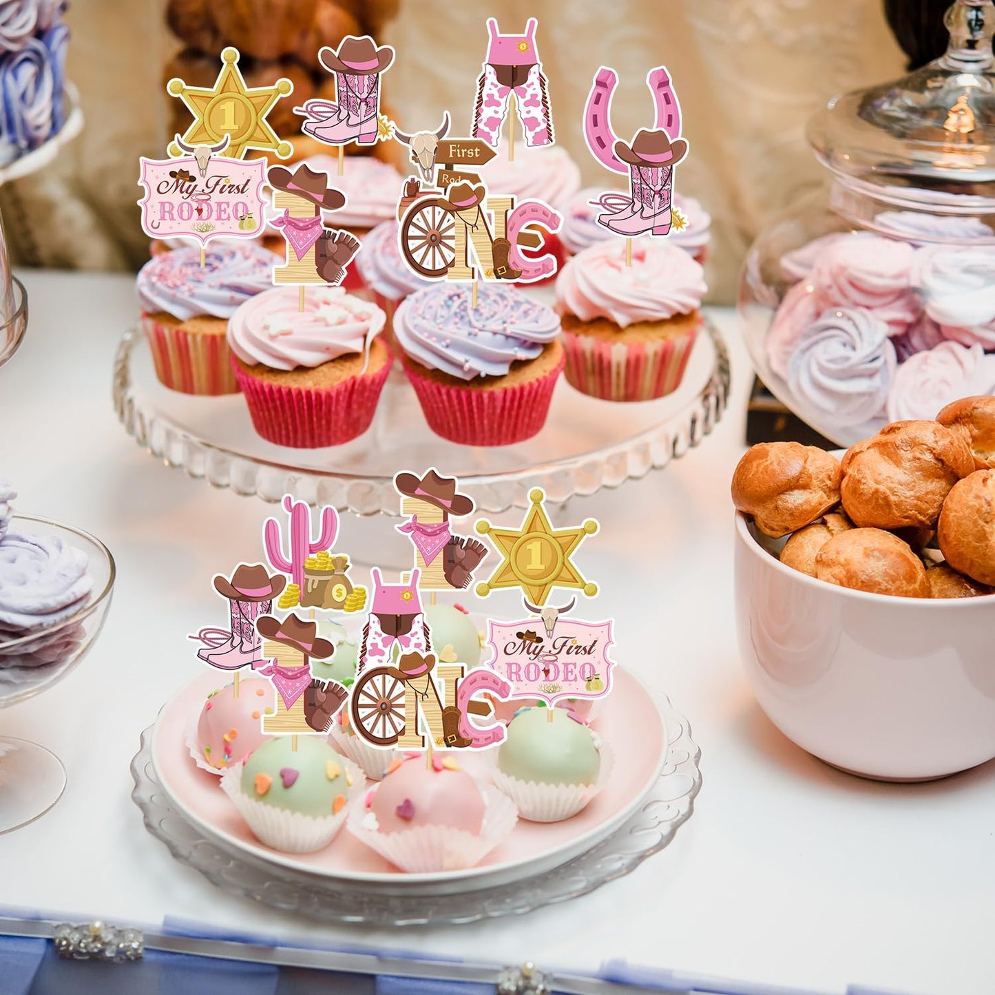 Wxiben My First Rodeo Decorations Girls - 36Pcs First Rodeo Birthday Decorations Girl Western Cowgirl 1St Birthday Party Cupcake
