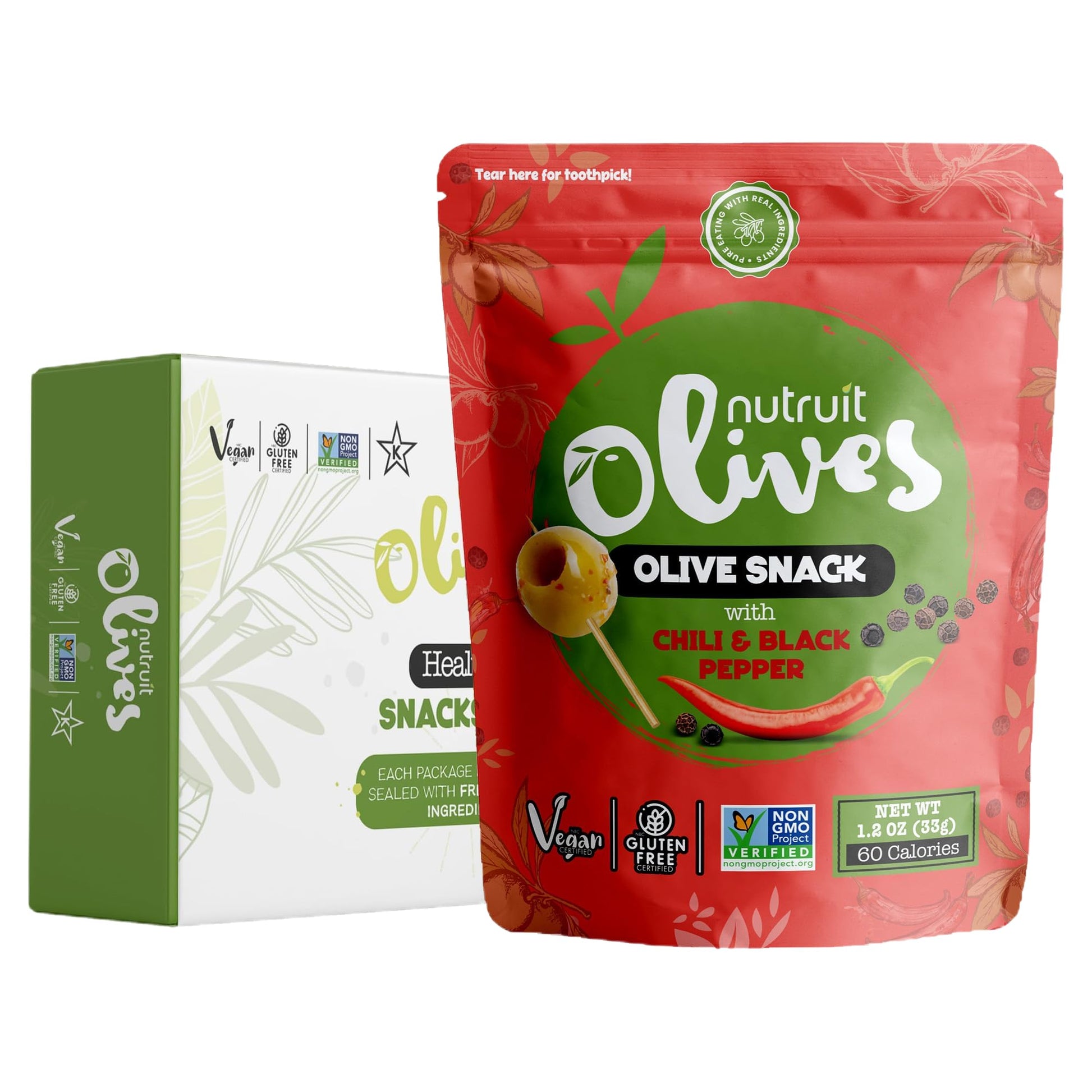Nutruit Olives Snacks - Pitted Olives with Chilli and Black Pepper - Fresh Aegean Green Olives - Vegan, Non-GMO, Gluten Free, Ko