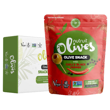Nutruit Olives Snacks - Pitted Olives with Chilli and Black Pepper - Fresh Aegean Green Olives - Vegan, Non-GMO, Gluten Free, Ko