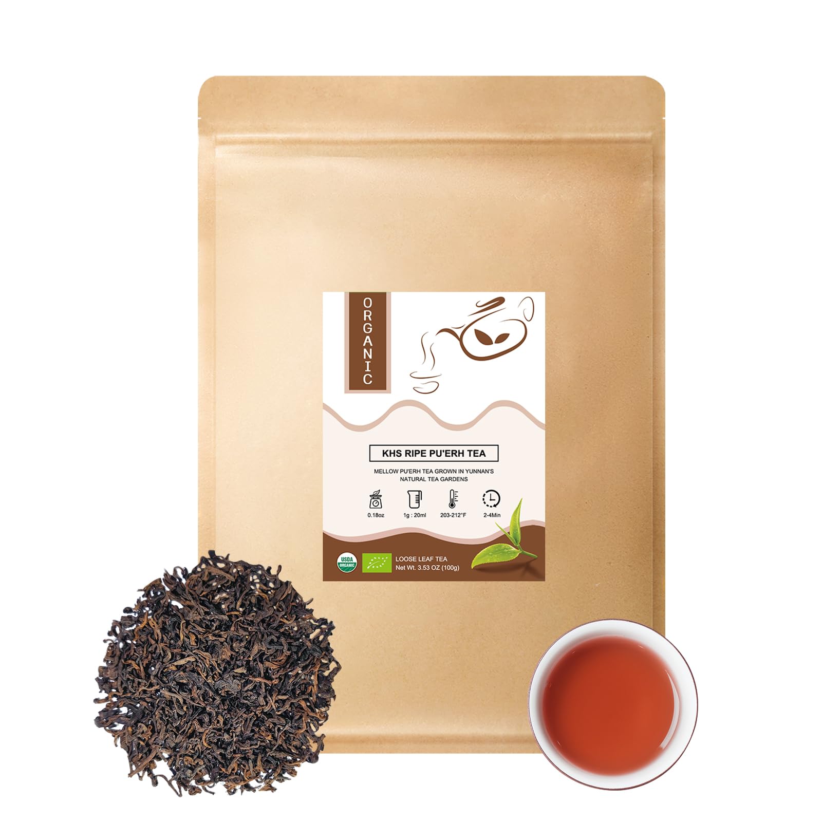 Organic Pu Erh Tea, Usda Certified Aged Fermented Organic Ripe Puerh Tea Loose Leaf Black Tea, No Dust Production Workshop, Chin