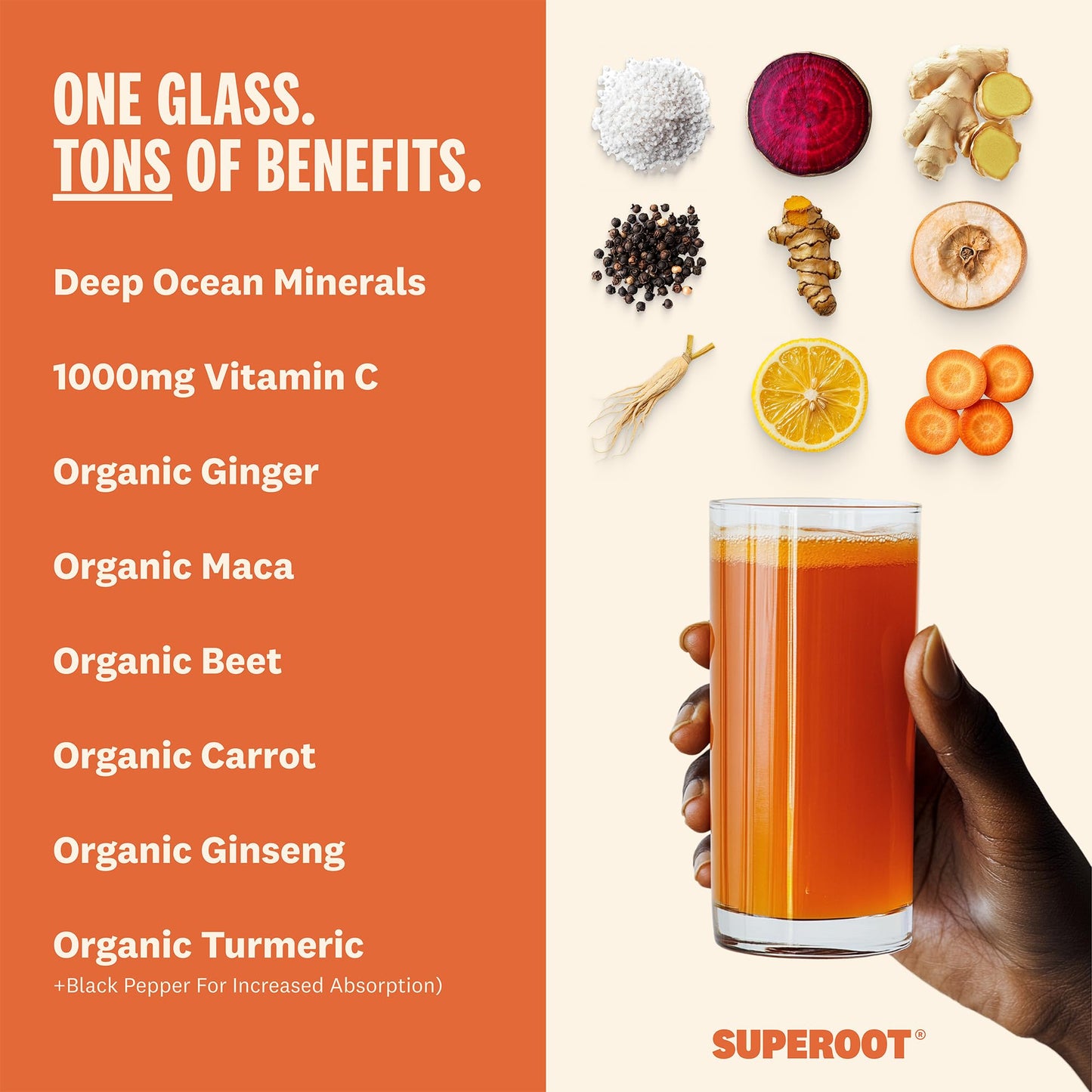 Superoot Natural Ginger Shot + Superfood Drink Mix - Immunity, Hydration & Wellness + Vitamin C Blend - Powder Juice Mix For Det