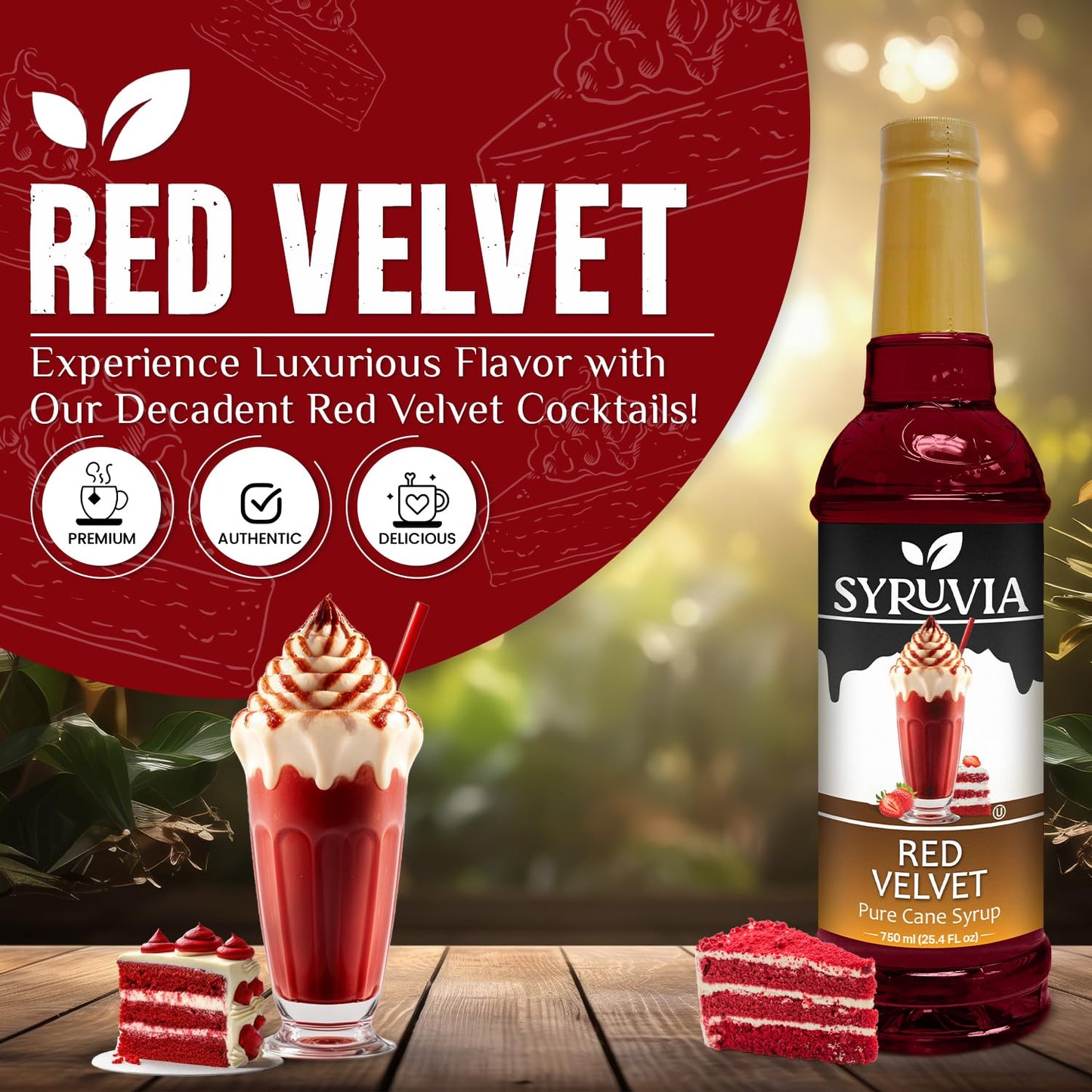 Syruvia Red Velvet Coffee Syrup - 25.4 Fl Oz Premium Coffee Flavoring Syrup - Kosher Coffee Syrups, Gluten Free, No Coloring, Pe