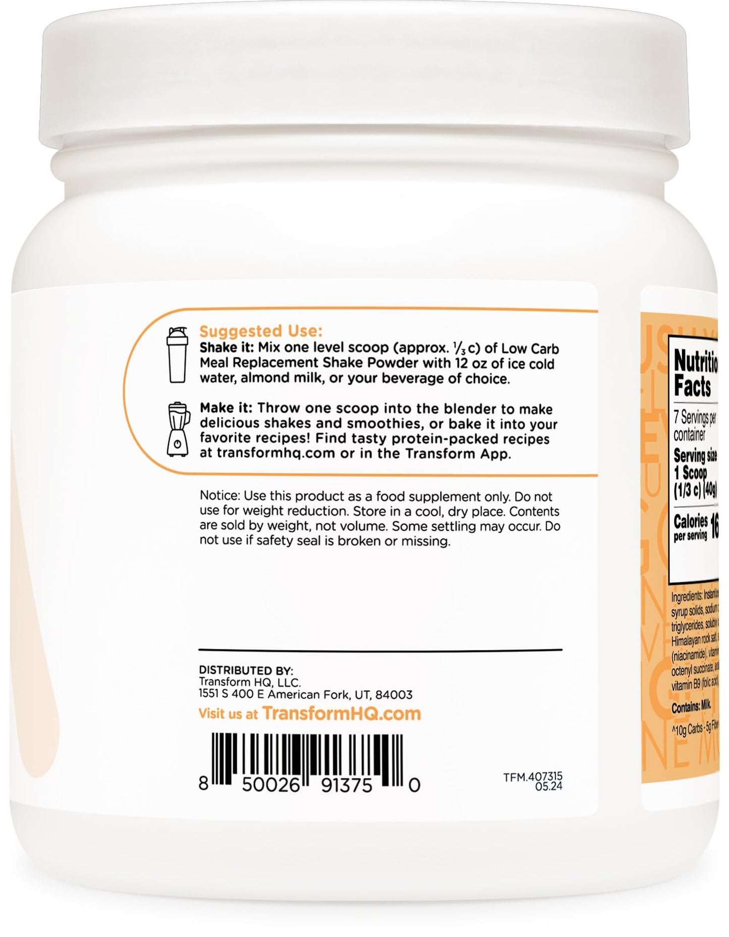 TransformHQ Meal Replacement Shake Powder - Peach Milkshake Flavor, Gluten Free, 7 Servings