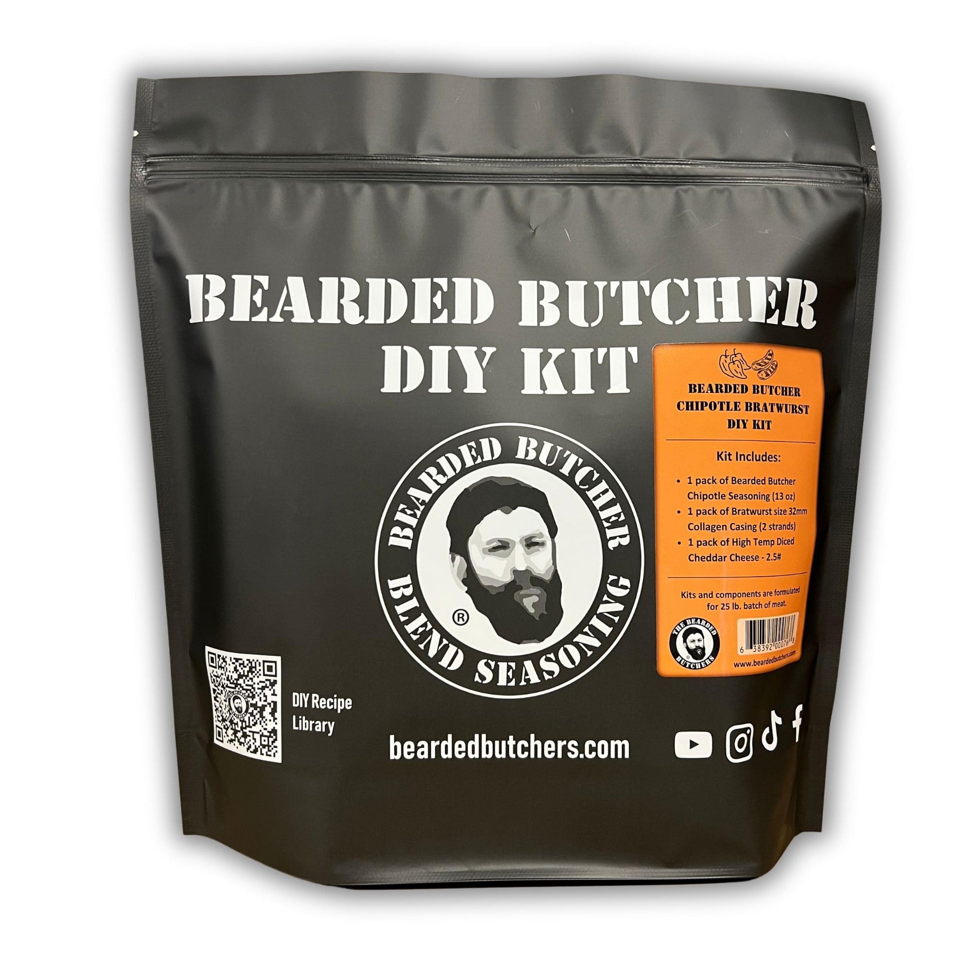 Bearded Butchers Chipotle Bratwurst DIY Kit - Make Smoky & Savory Homemade Brats - Includes Chipotle Seasoning, High Temp Chedda