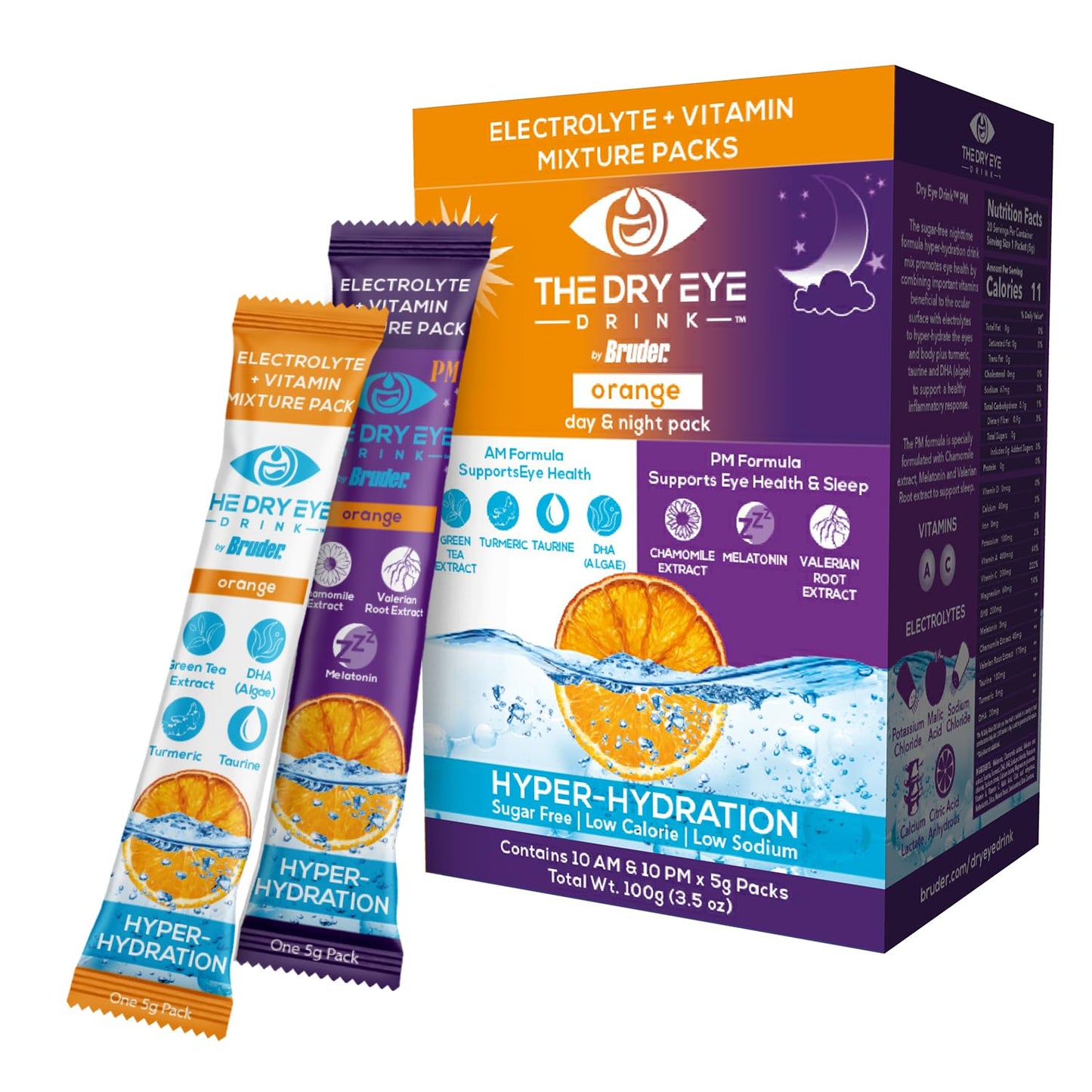 The Dry Eye Drink L Ultimate Hydration For Dry Eyes L Sugar-Free Electrolyte Powder Packets L Blended With Vitamins, Green Tea, Turmeric, Taurine, And Dha L 5G X 20 Packets (Orange Am/Pm)