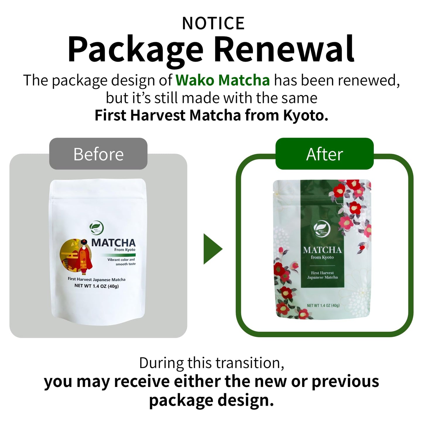 Wako Matcha  First Harvest enhanced Uji Ceremonial Grade Matcha Powder  For Cafe-Quality Hot/Iced Matcha and Latte  Pure Matcha Green Tea for your Daily Morning Boost  Authentic Japanese  Unsweetened  Gluten-Free  1.4 oz (40g)