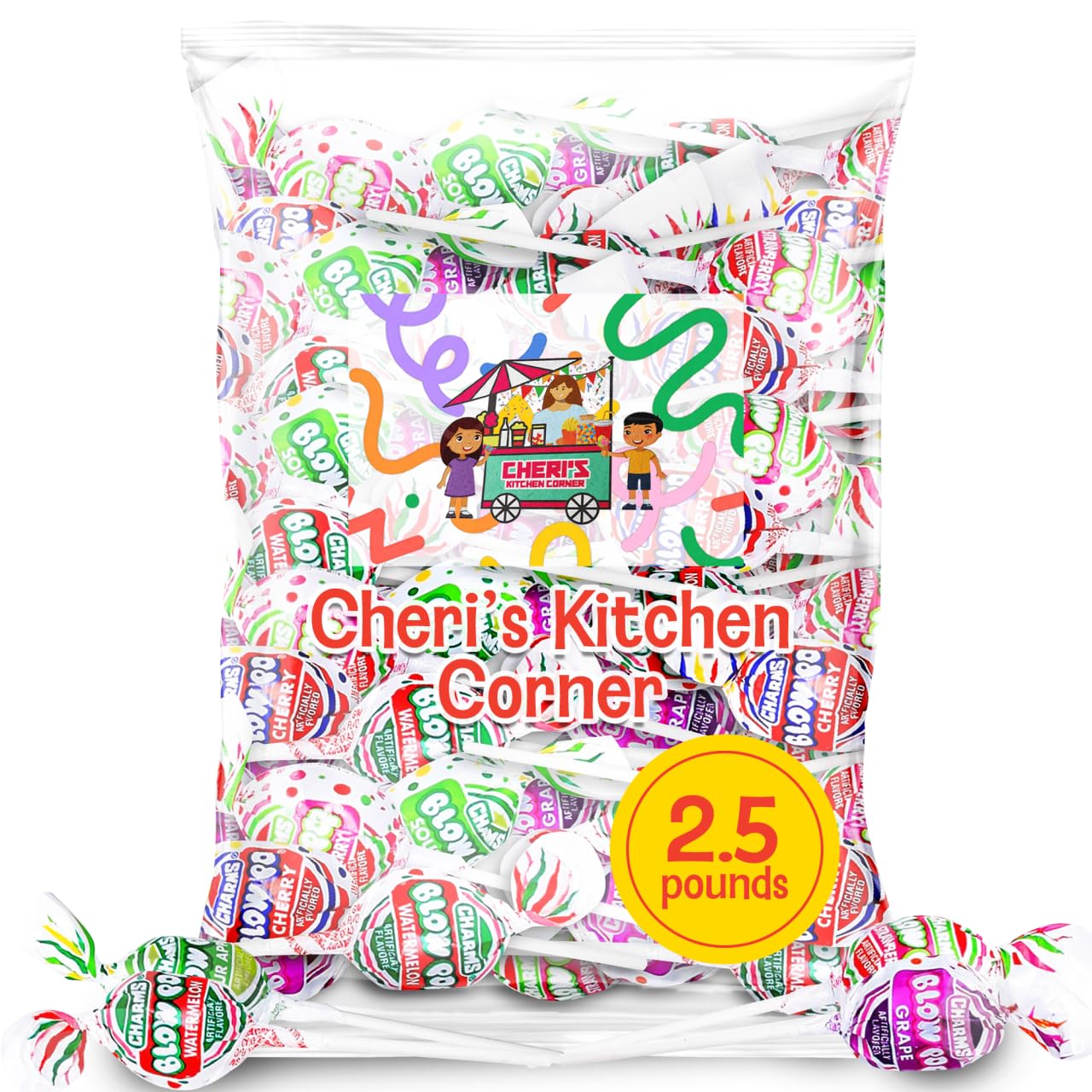 Cheri's Kitchen Corner Blow Pops 2.5 lbs with lots of flavors like watermelon, strawberry, cherry, grape, and sour apple! These 