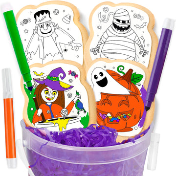 Halloween Cookies Decorating Kit Coloring Gift For Kids Food | 4 Jumbo Cookies + 3 Edible Markers | Individually Wrapped | Activ