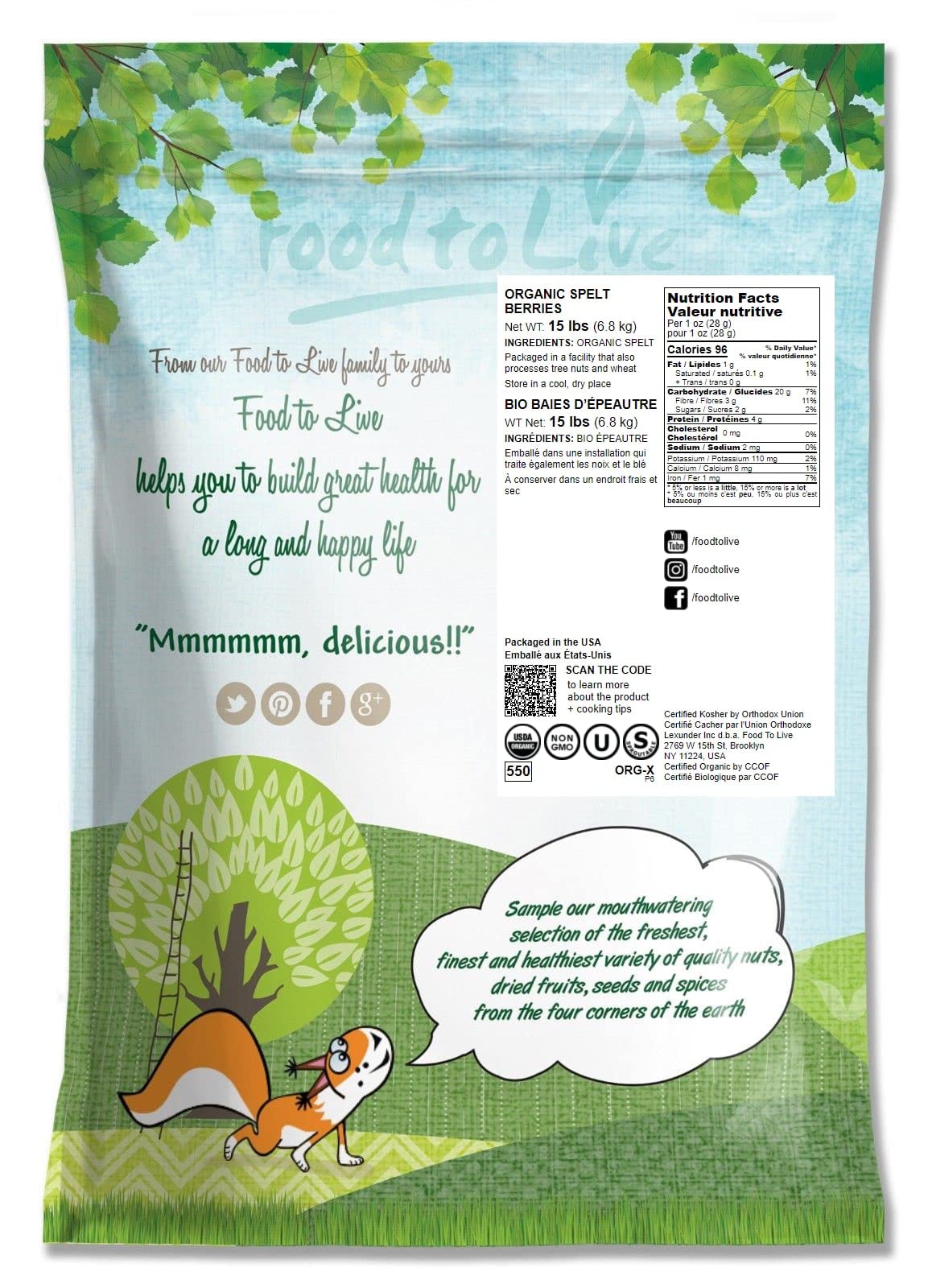 Food To Live Organic Spelt Berries, 15 Pounds - Non-Gmo, Kosher, Whole Grain, Non-Irradiated, Vegan Superfood, Bulk, Product Of