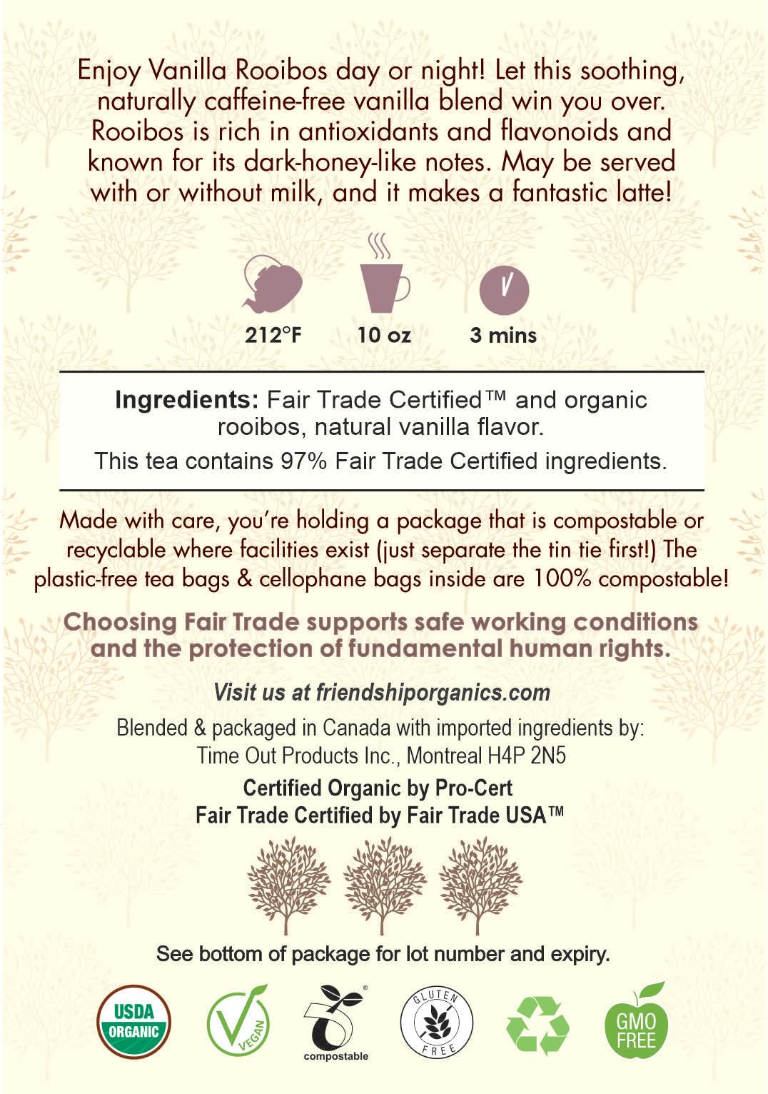 Friendship Organics Vanilla Rooibos Tea Bags, Organic & Fair Trade, 44 Count