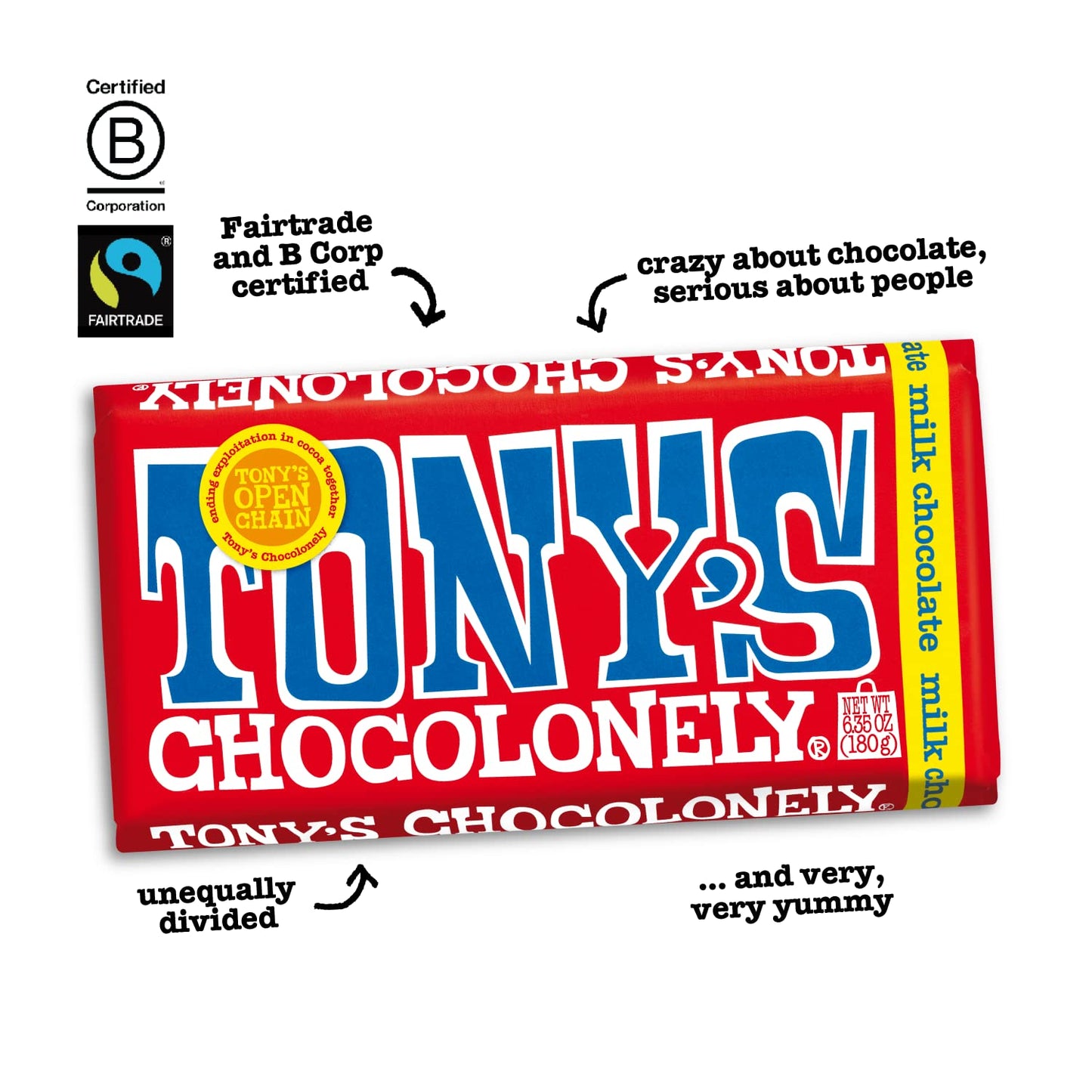 Tonys Chocolonely 32% Classic Milk Chocolate Bar - Rich, Smooth Belgium Chocolate, Perfect Holiday Gift, Chocolate Candy, No Artificial Flavoring, Fairtrade & B Corp Certified - 6.35 Oz, 15 Bars