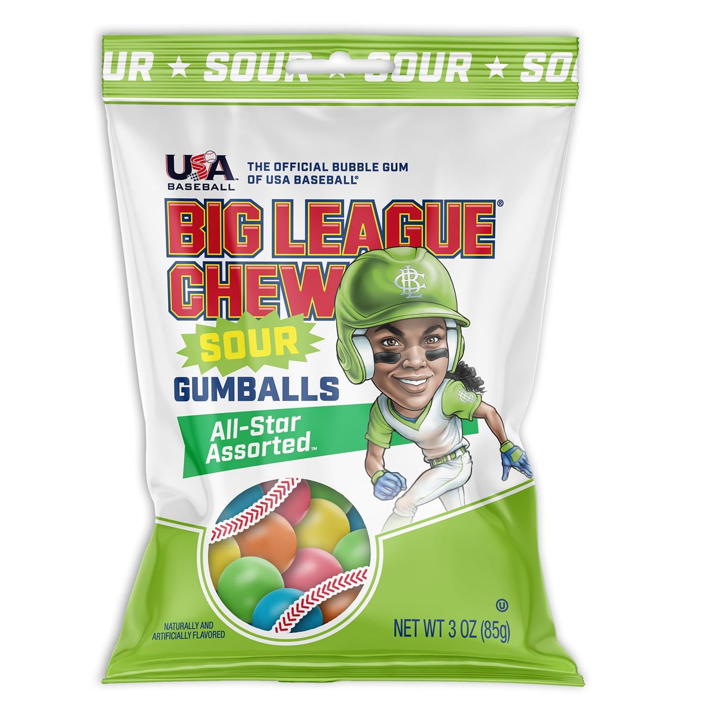 Big League Chew Sour Gumballs Pack of 12 Bags, 3oz Each, Assorted Bright Colors