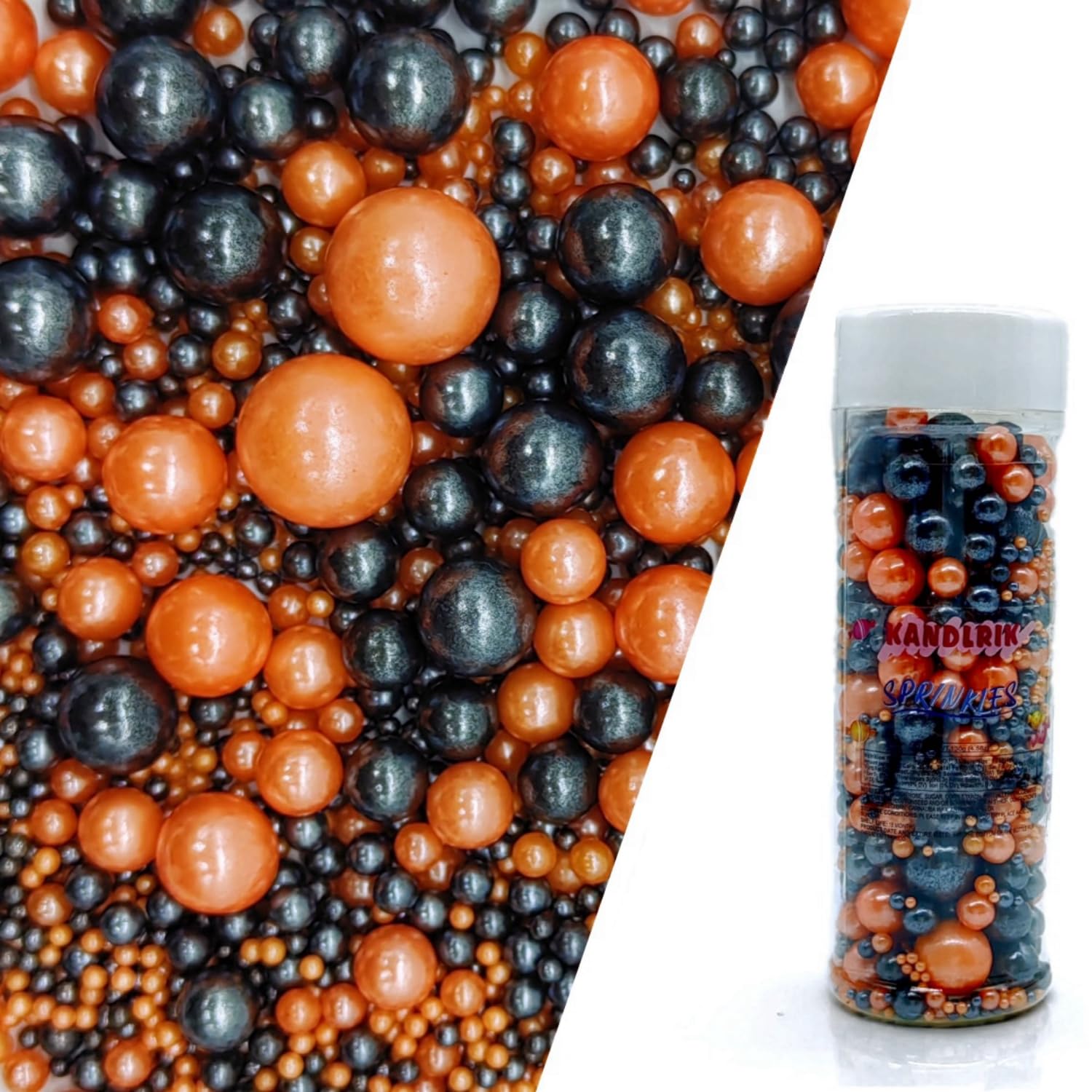 Edible Orange & Black Sugar Pearls Sprinkles Candy Mix Size Pearls Cake Decorations Cupcake Toppers Decorating Perfect for Weddi