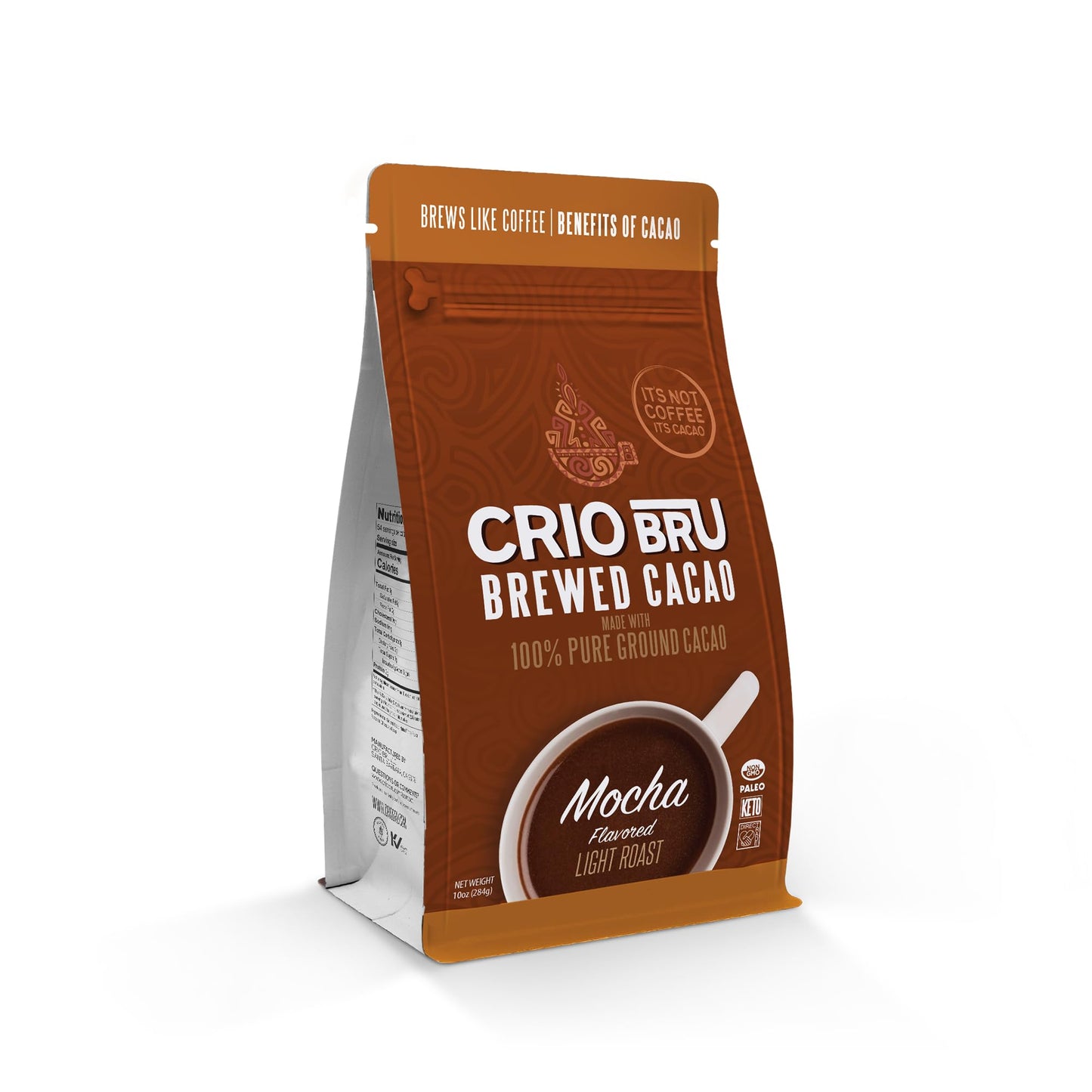 Crio Bru Brewed Cacao Coffee Alternative - Mocha Flavor, 10 Ounce, 99.99% Caffeine Free, Keto, Low Carb, Brew Hot or Iced
