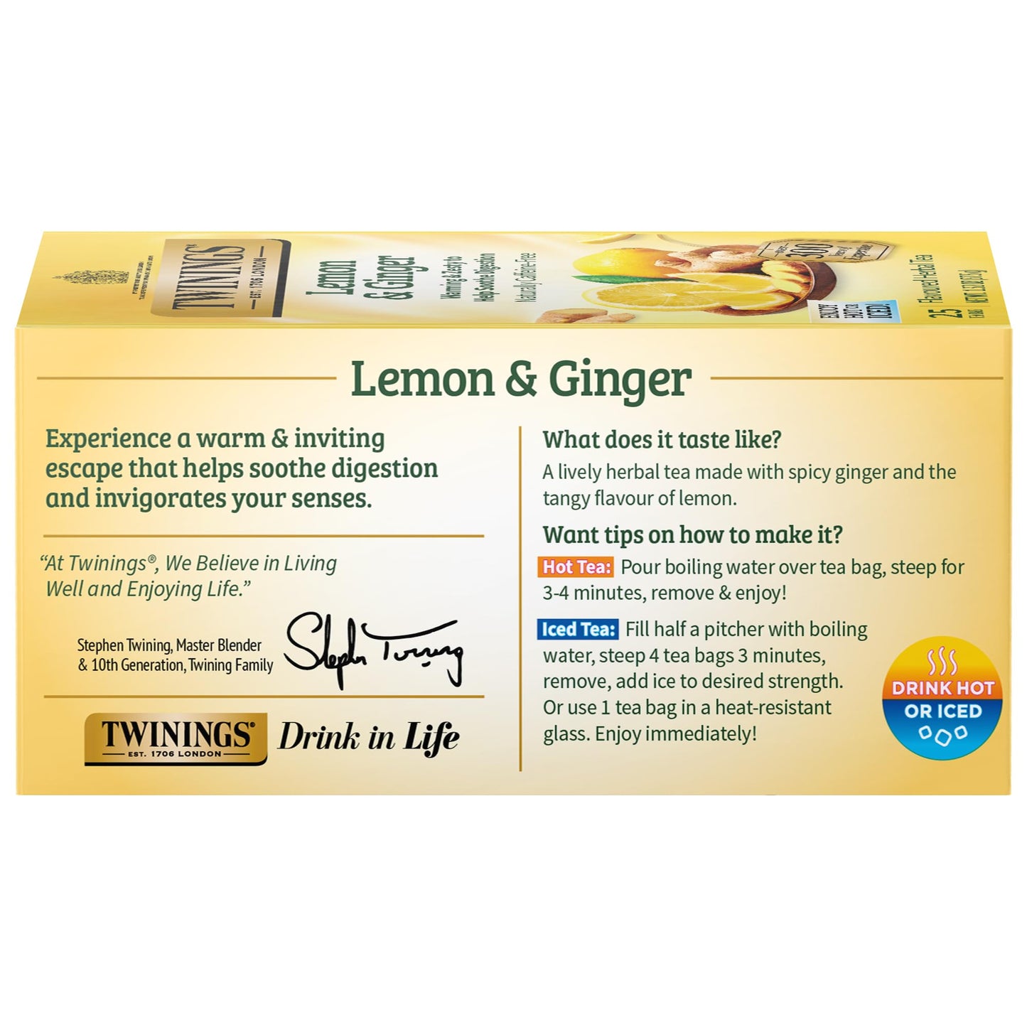 Twinings Lemon & Ginger Individually Wrapped Herbal Tea Bags, 25 Count (Pack Of 6), Spicy Ginger, Lemon Peel And Lemongrass, Enj