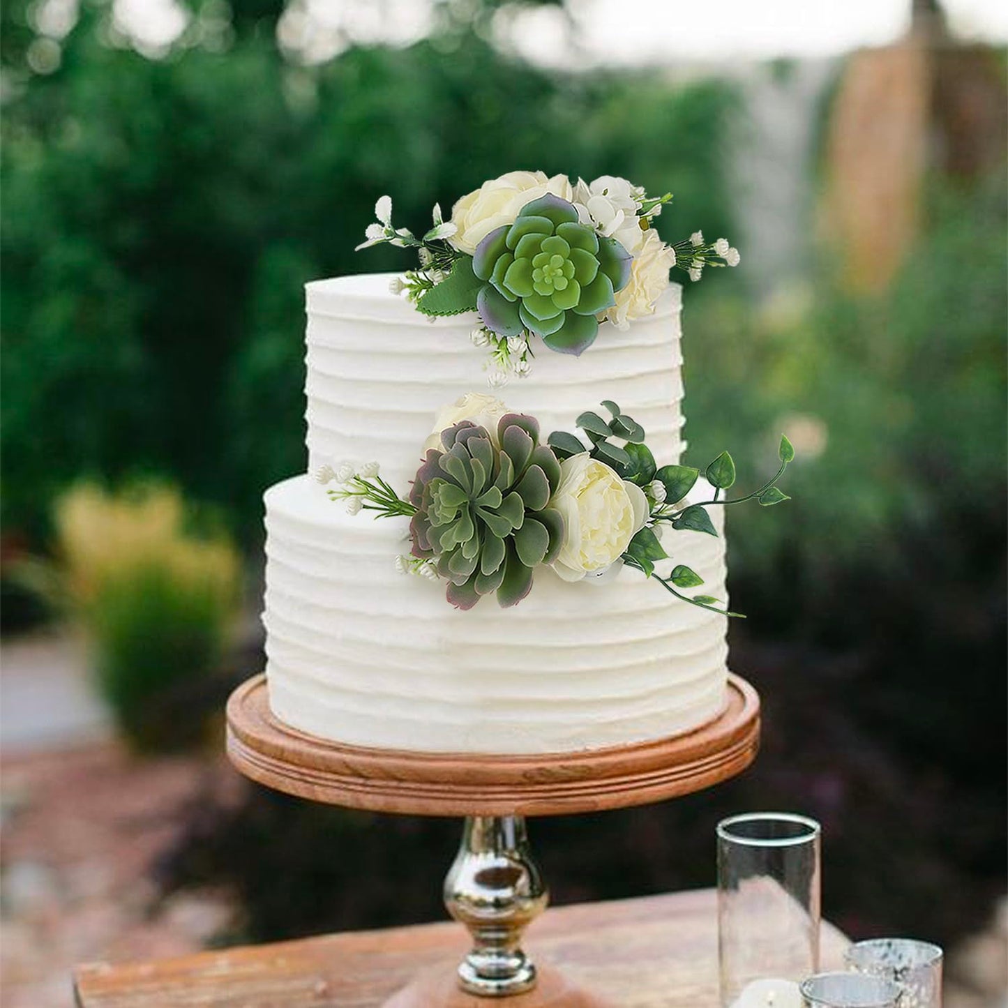 Rinlong Pre-Made 3Pcs Faux Succulent Cake Decorating Flowers Cake Toppers Green Cake Decorations Wedding Birthday Baby Shower Sp