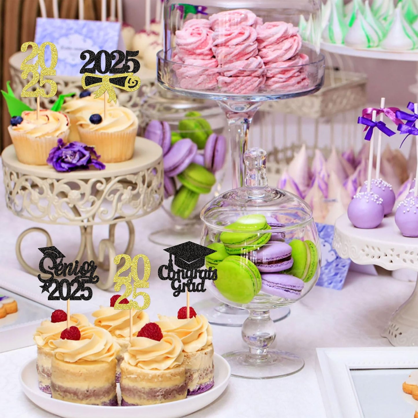 Keaziu Graduation Cupcake Toppers - 24 Pack, Senior Gold, Graduation Hat Picks for 2025 Graduation Theme Party Decorations