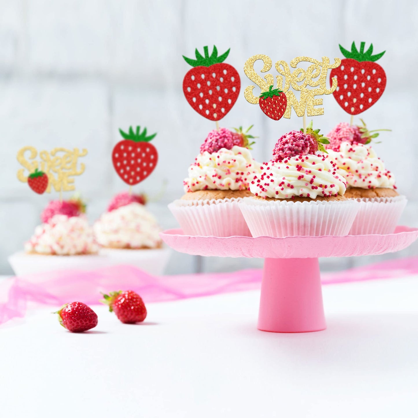 24Pcs Strawberry Sweet One Cupcake Toppers Glitter First Birthday Strawberry Cupcake Picks For Fruit Theme Baby Shower Kids 1St