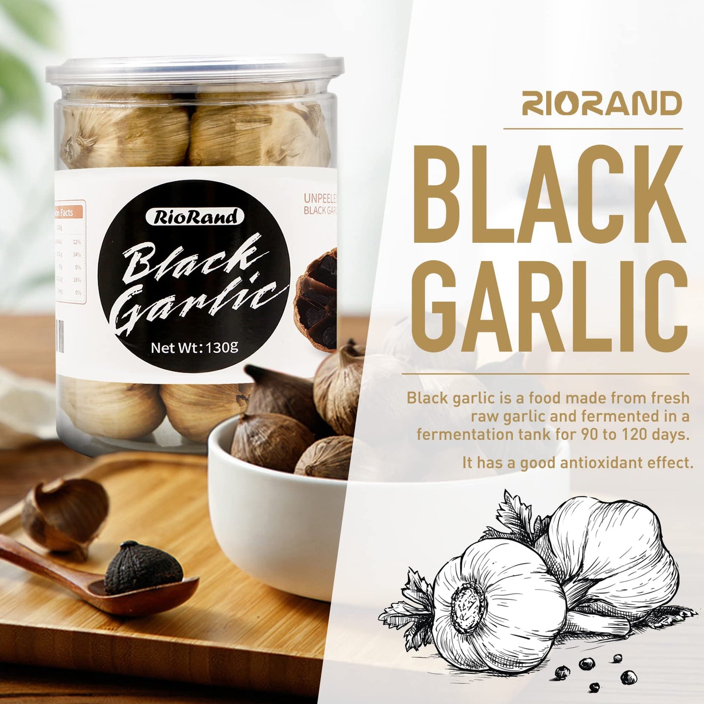 Riorand Black Garlic 130G Whole Black Garlic Aged For Full 90 Days Black Garlic Jar 0.28 Pounds