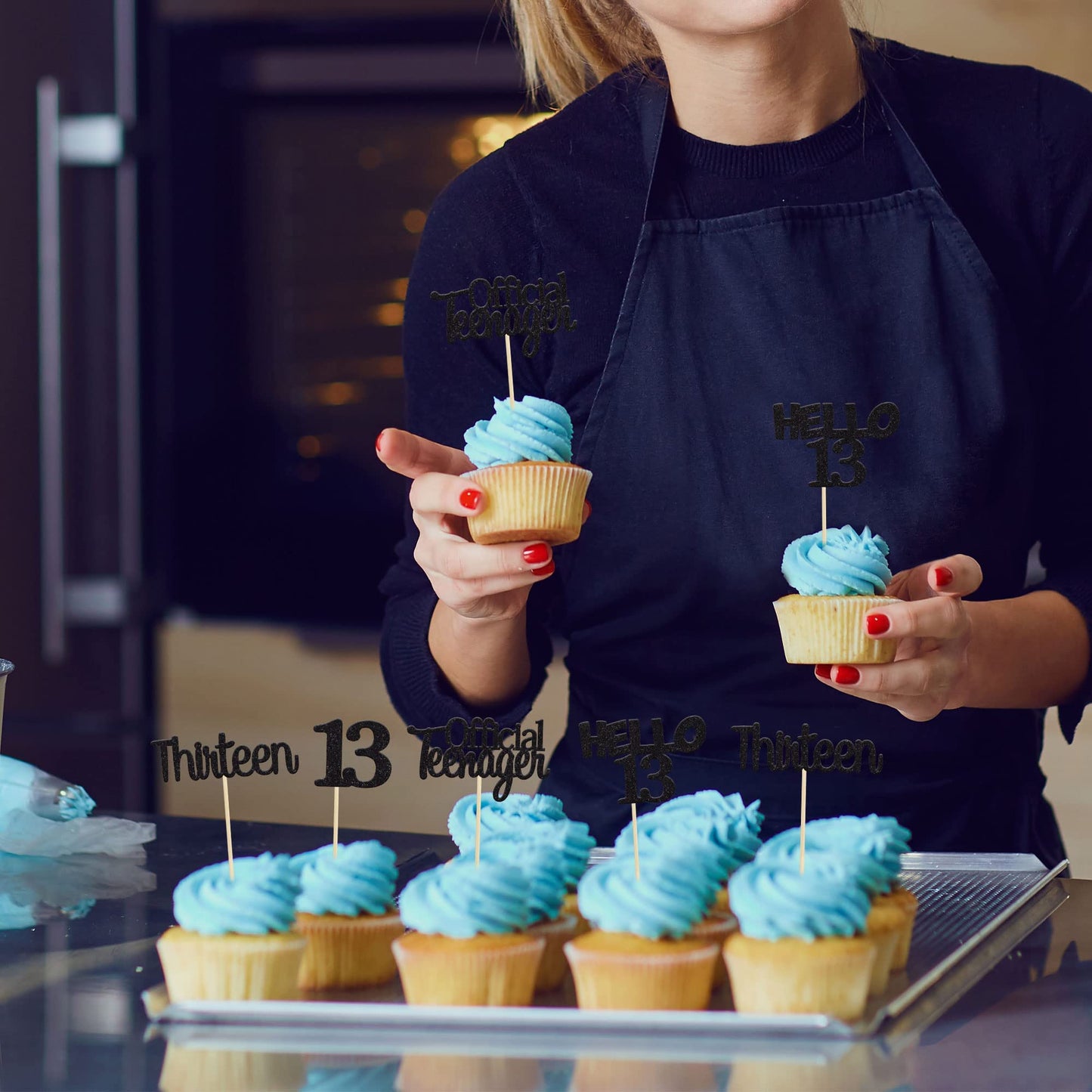 Gyufise 24Pcs Black Glitter 13Th Birthday Cupcake Toppers Hello 13 Thirteen Cake Toppers Official Teenager Cupcake Picks 13Th Bi