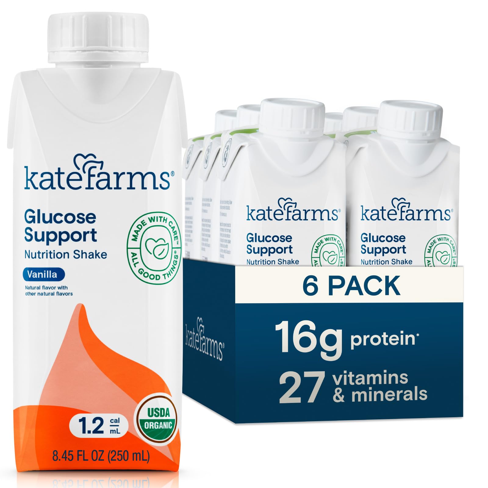 KATE FARMS Organic Plant Based 1.2 Glucose Support Shake, Vanilla, 16g Protein, 27 Vitamins and Minerals, Diabetic Nutrition Mea
