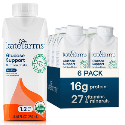 KATE FARMS Organic Plant Based 1.2 Glucose Support Shake, Vanilla, 16g Protein, 27 Vitamins and Minerals, Diabetic Nutrition Mea