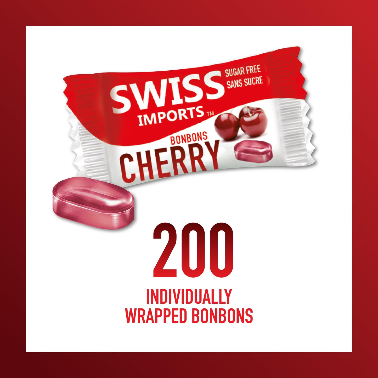 Swiss Imports Sugar Free Bonbons Hard Candy Drops, Cherry, 17.6 Oz/ 500G Bocca Box With 200 Individually Wrapped Pieces