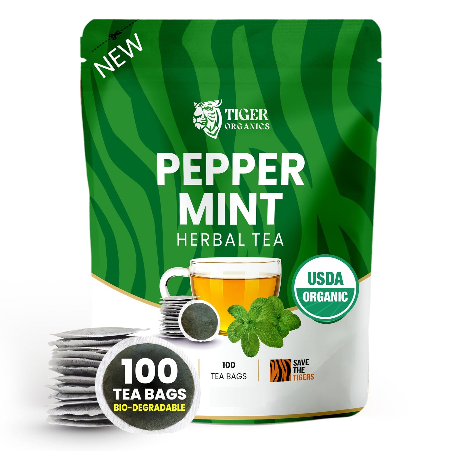 Tiger Organics Peppermint Herbal Tea, 100 Biodegradable Teabags, USDA Organic Certified, Caffeine-Free, Supports Healthy Digestion
