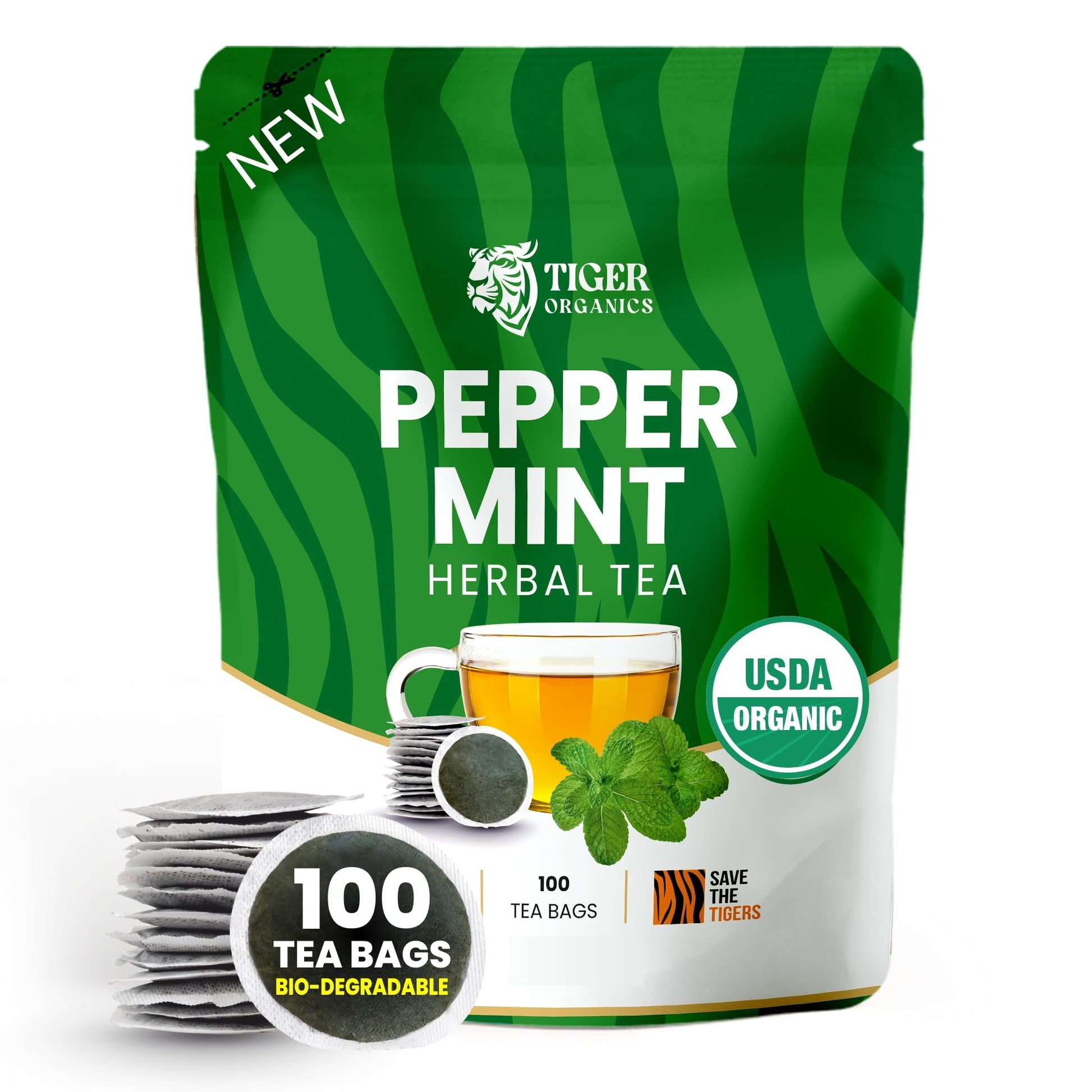 Tiger Organics Peppermint Herbal Tea, 100 Biodegradable Teabags, USDA Organic Certified, Caffeine-Free, Supports Healthy Digestion