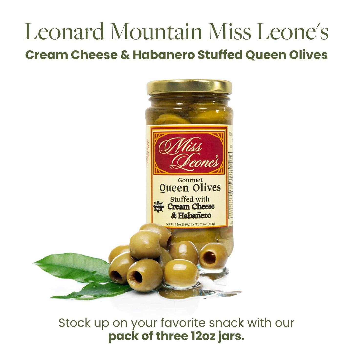 Leonard Mountain Miss Leone'S Cream Cheese & Habanero Stuffed Queen Olives, Pack Of 3, 12 Oz.