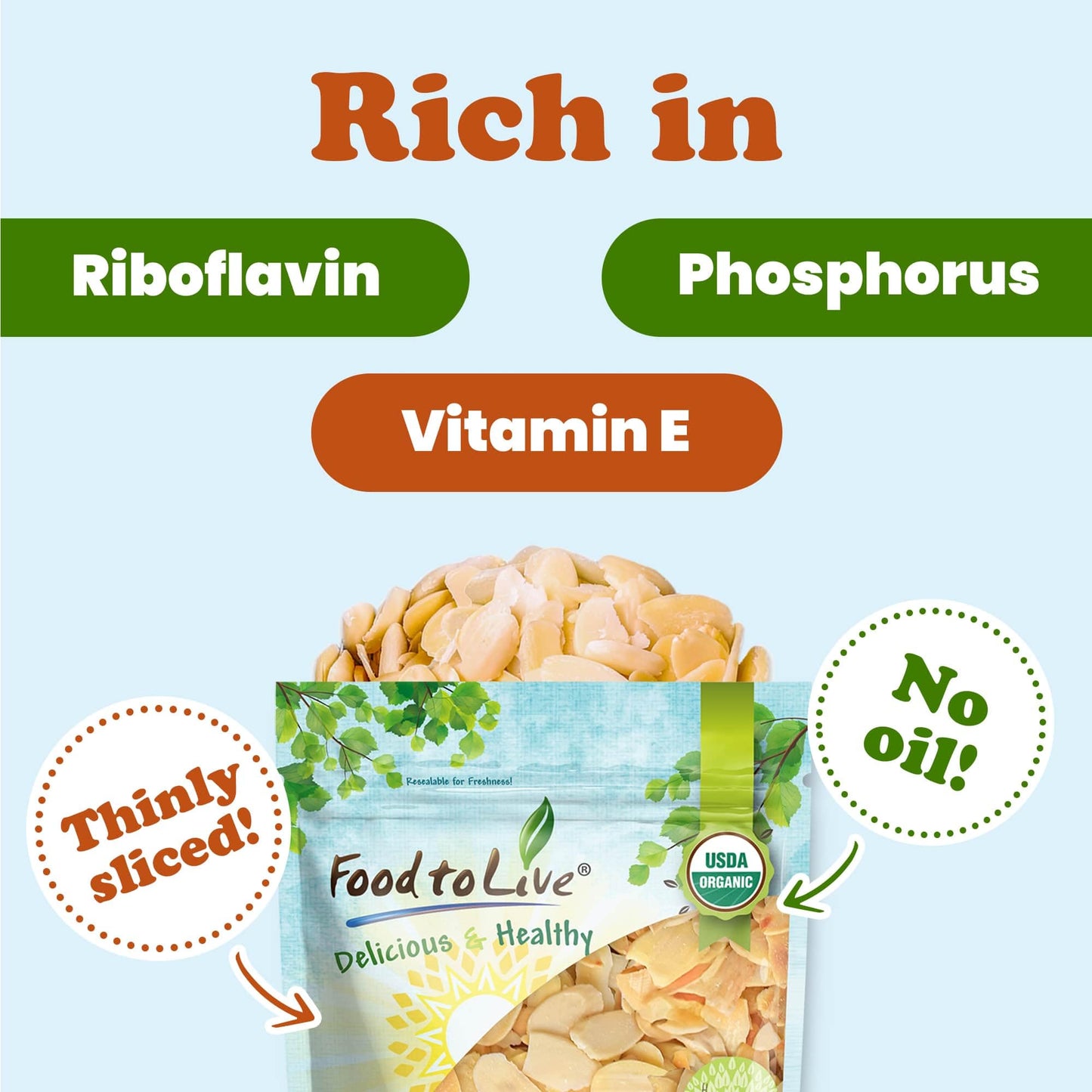 Food To Live - Organic Toasted Blanched Sliced Almonds, 3 Pounds - Unsalted & Dry Roasted, Premium Non-Gmo Almond Nuts, Perfect