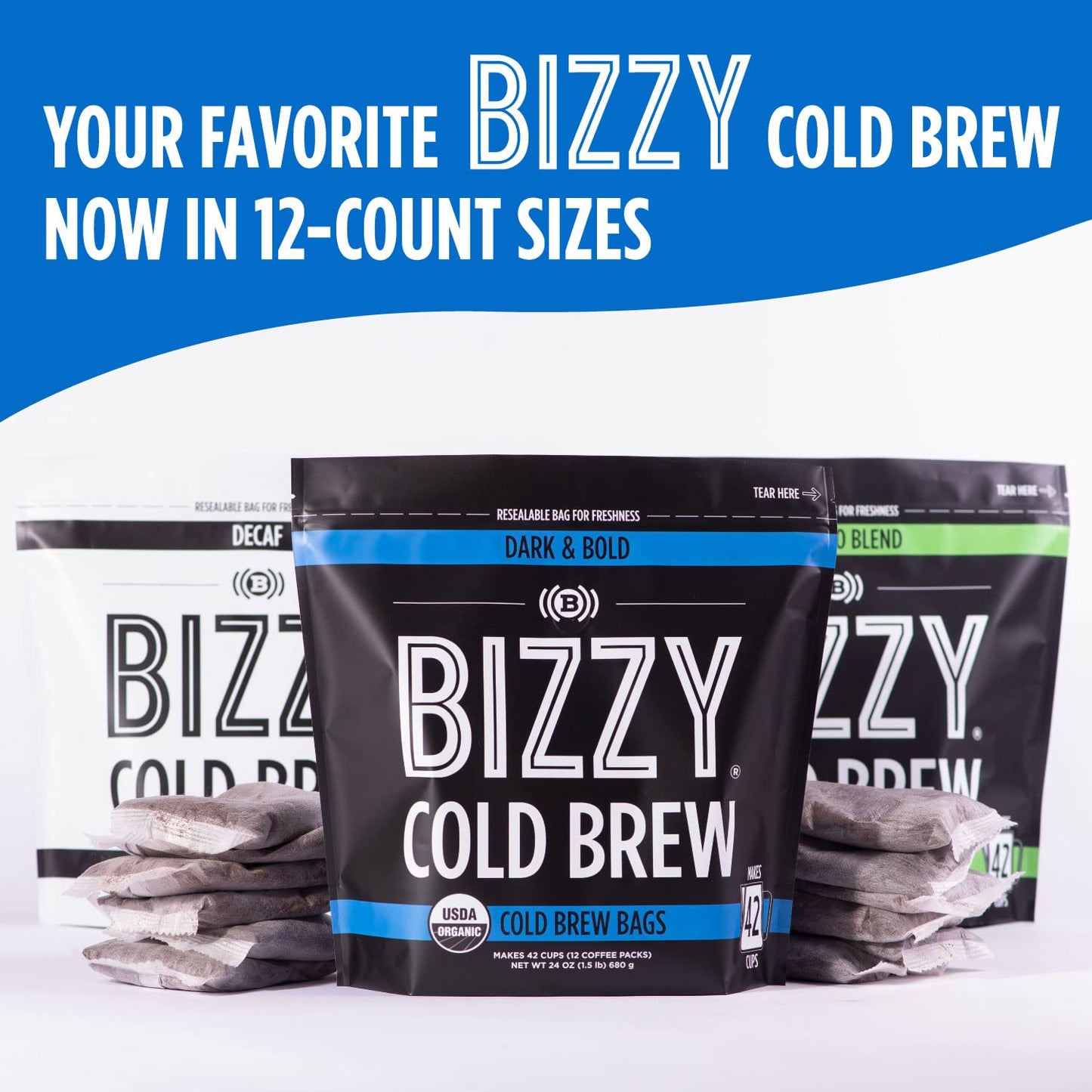 Bizzy Organic Cold Brew Coffee | Dark & Bold Blend | Coarse Ground Coffee | Dark Roast | Micro Sifted | Specialty Grade | 100% Arabica | Brew Bags | 12 Count | Makes 42 Cups