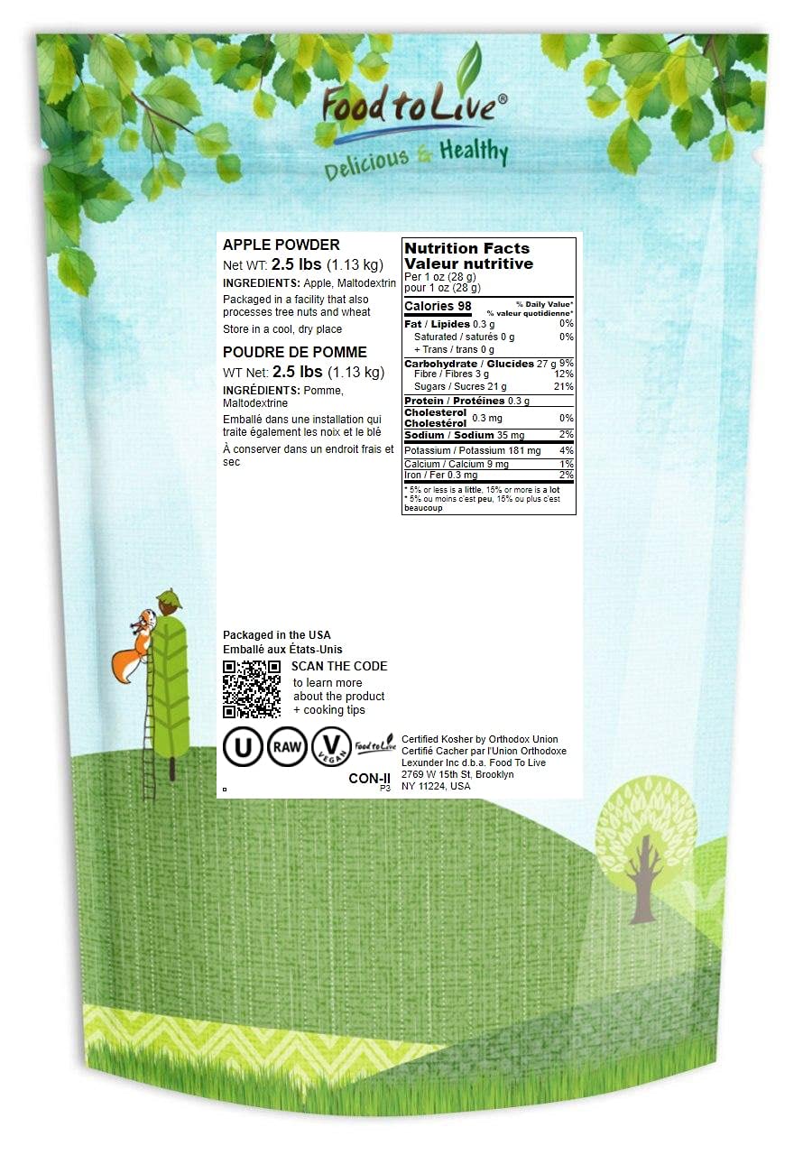 Food To Live Apple Powder, 2.5 Pounds - Unsulfured, Made From Raw Dried Fruit, Vegan, Bulk, Great For Juices, Smoothies, Yogurts