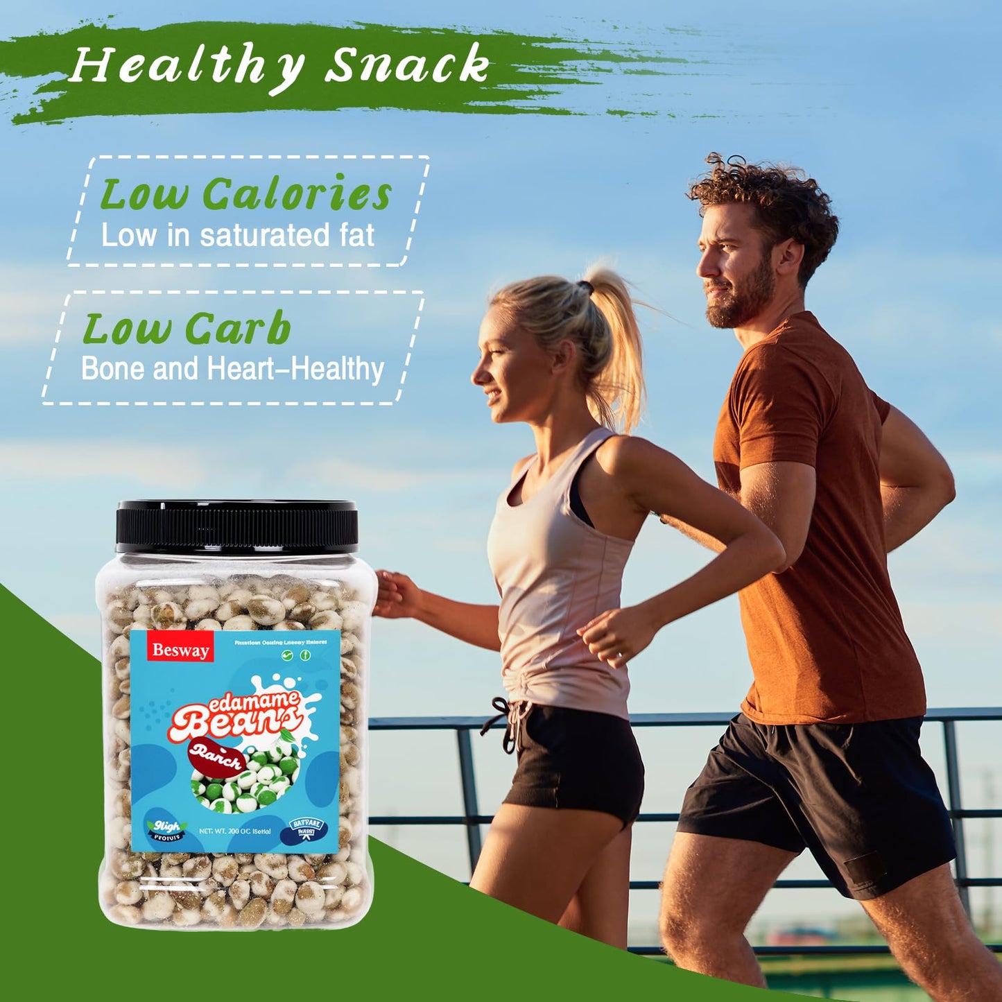 Besway Ranch Flavor Dry Roasted Edamame 20 Oz, High Protein Crunchy Snack, Non-Gmo, Vegan, Gluten-Free, Transparent Plastic Jar