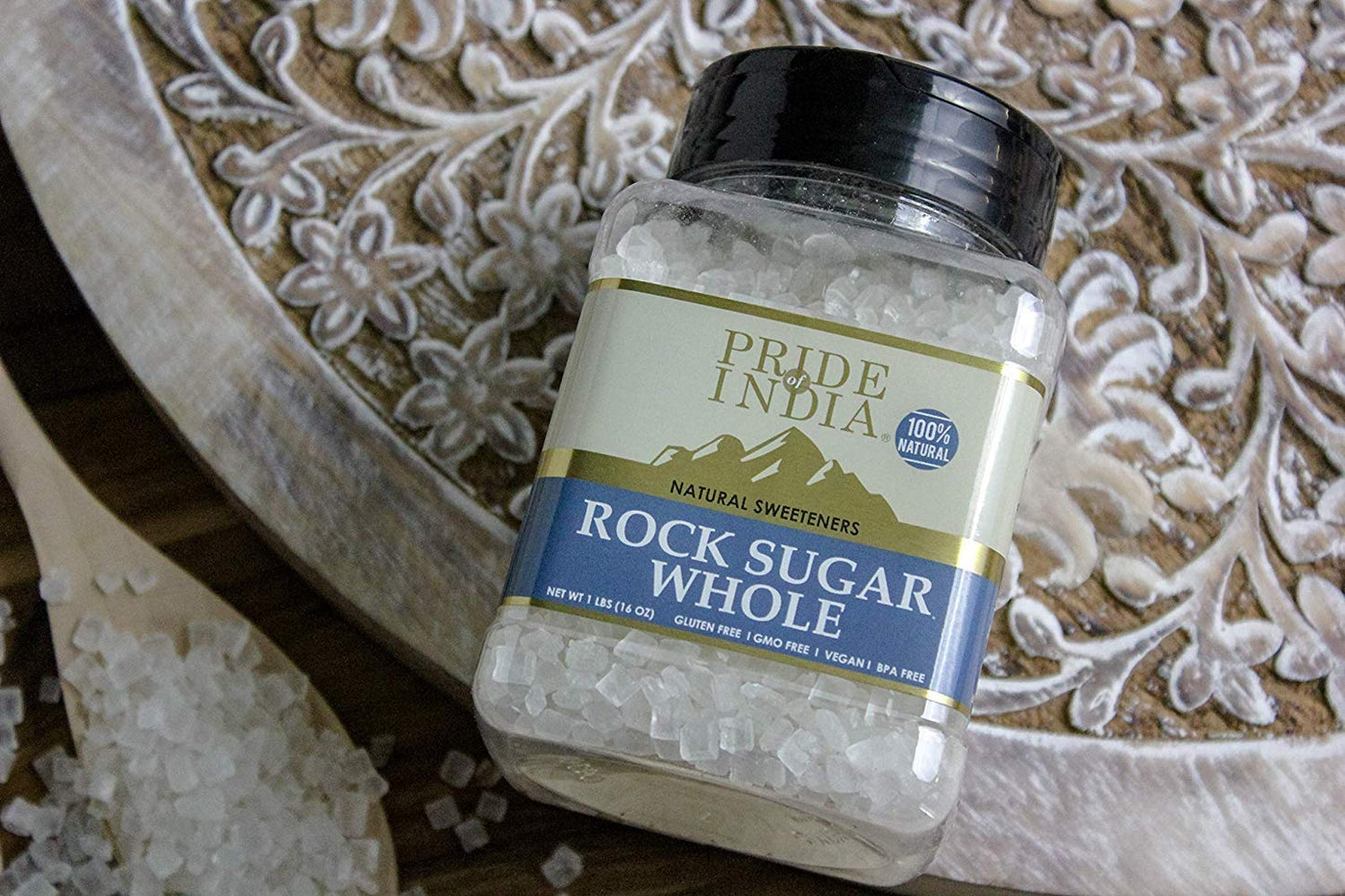 Pride Of India - Natural Crystal Rock Sugar Whole - 12 Oz (340 Gm) Medium Dual Sifter Jar - Authentic Indian Sugar Crystals - Us