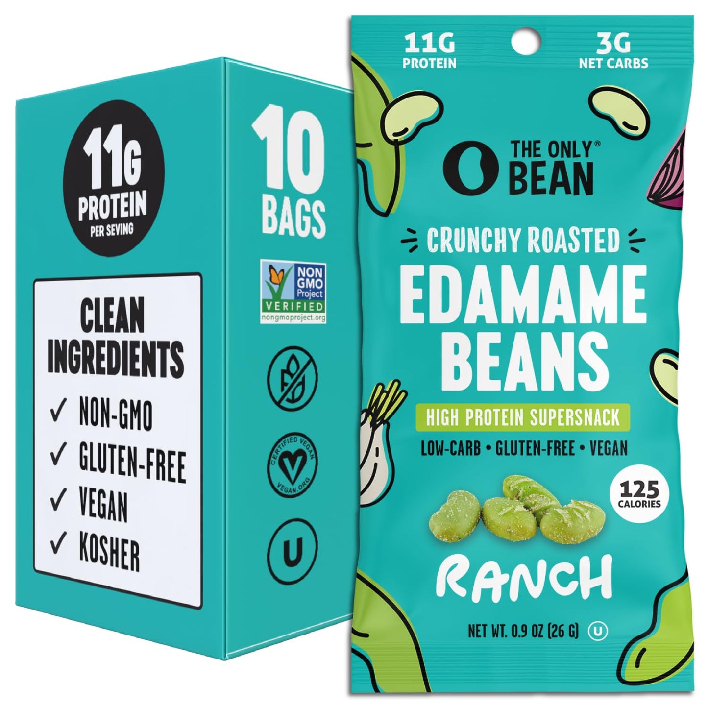 The Only Bean High Protein Vegan Snacks, Gluten Free Keto Edamame Beans, Ranch Flavor, 0.9oz, Pack of 10