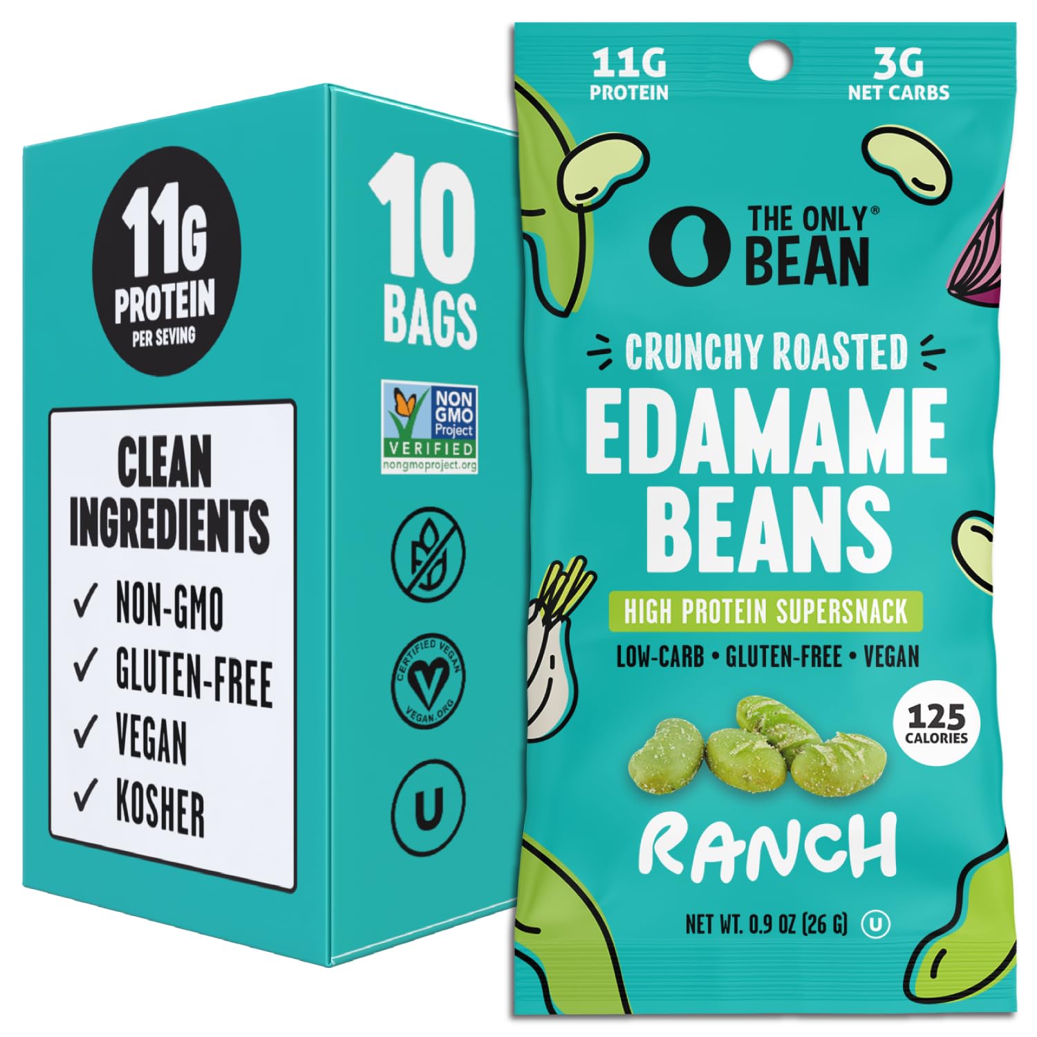 The Only Bean High Protein Vegan Snacks, Gluten Free Keto Edamame Beans, Ranch Flavor, 0.9oz, Pack of 10
